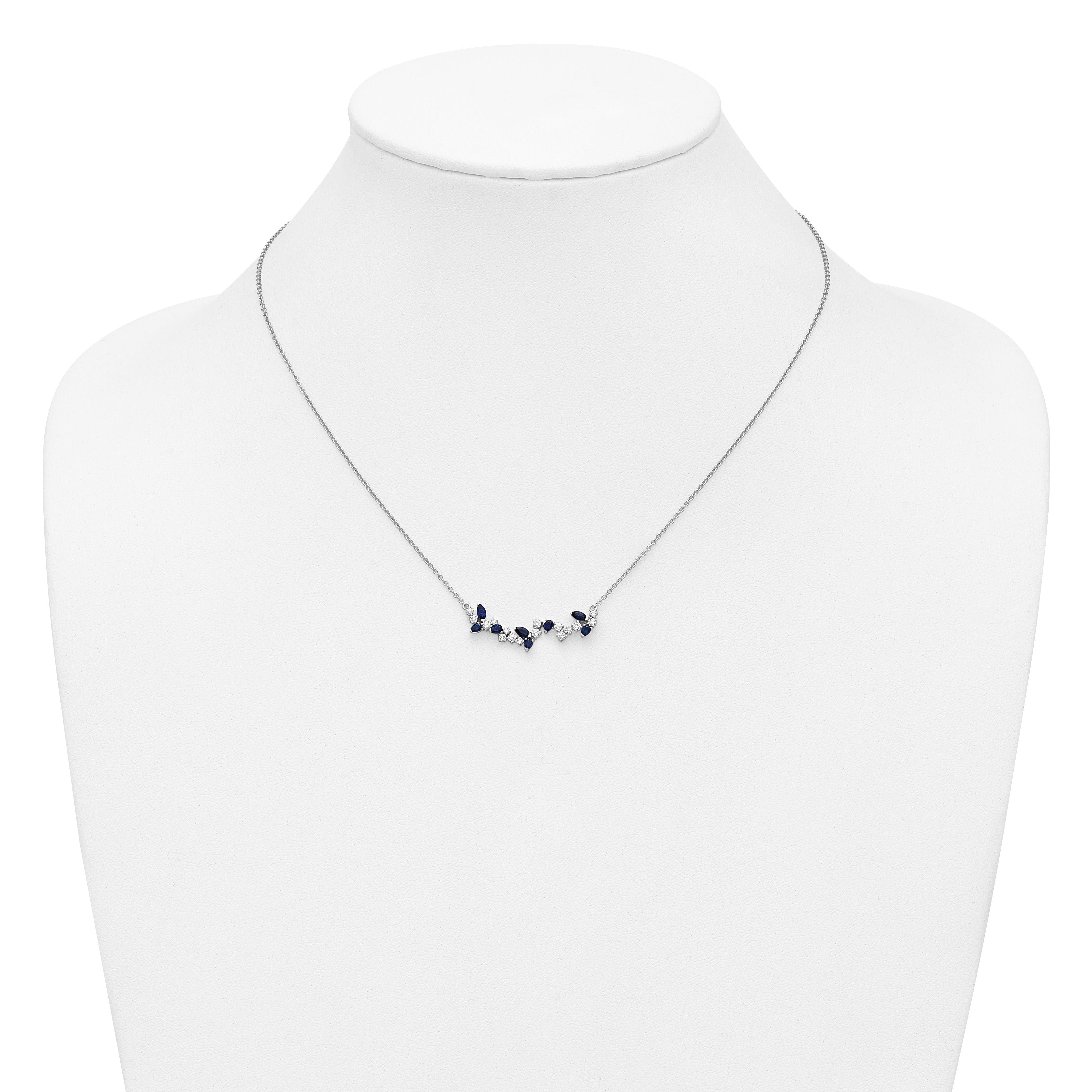 0.95 Ct Marquise Blue Sapphire and Diamond Prong 14k White Gold Floral Bar Necklace