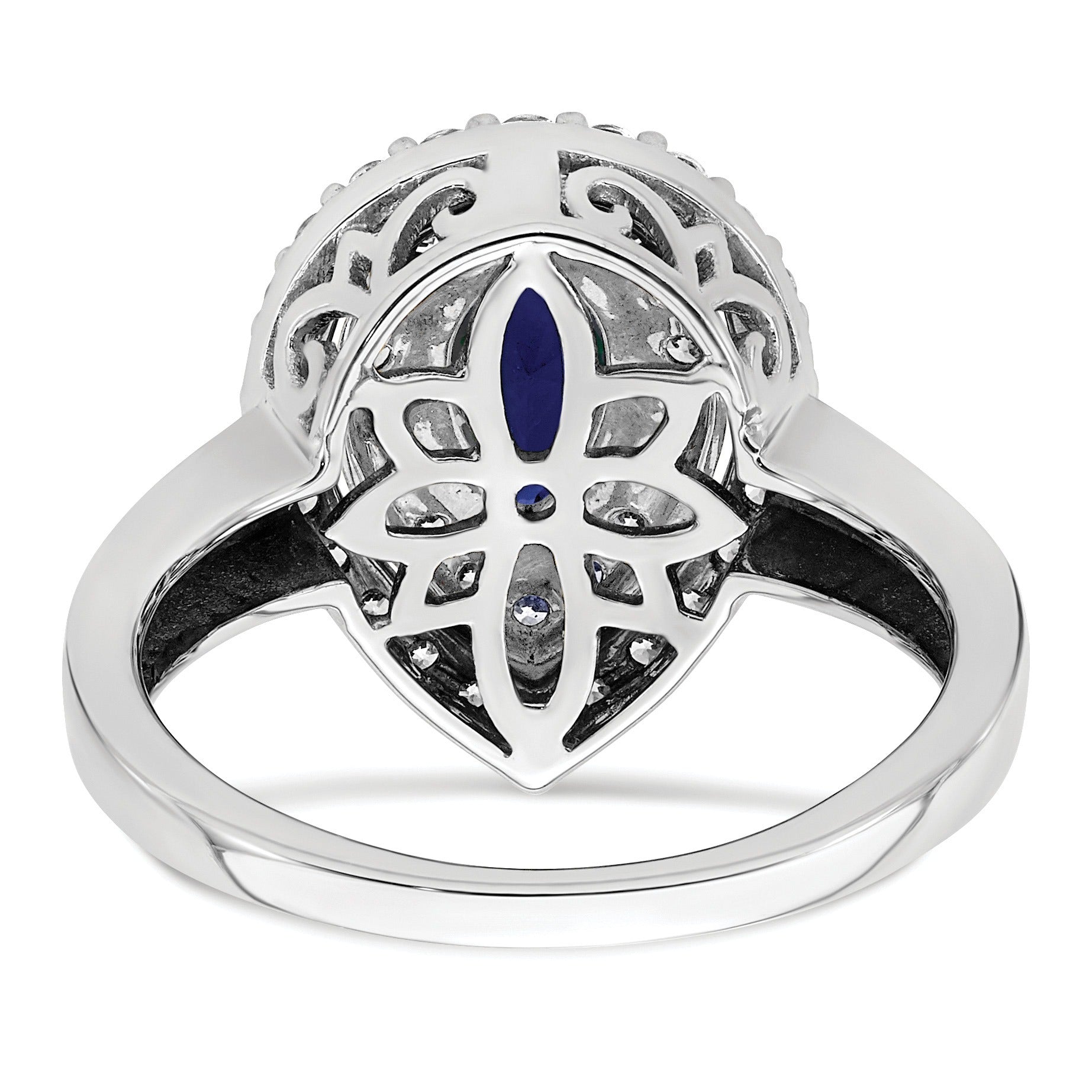 1.46 Ct Pear Blue Created Sapphire & Lab Diamond Prong 14K White Gold Double Halo Filigree Ring