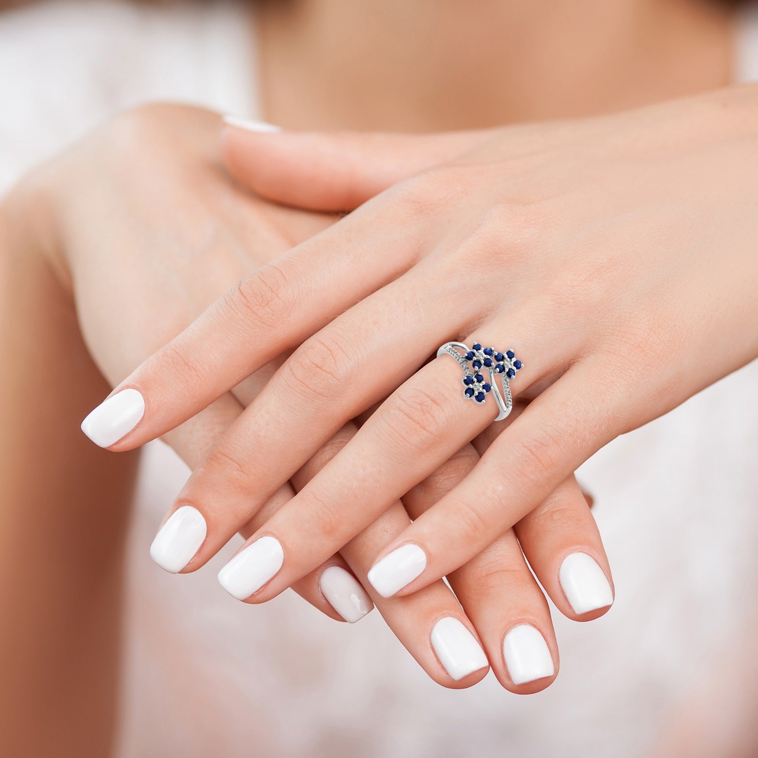 0.6 Ct Blue Sapphire & Diamond Prong Rhodium-Plated Sterling Silver Three-Flower Ring