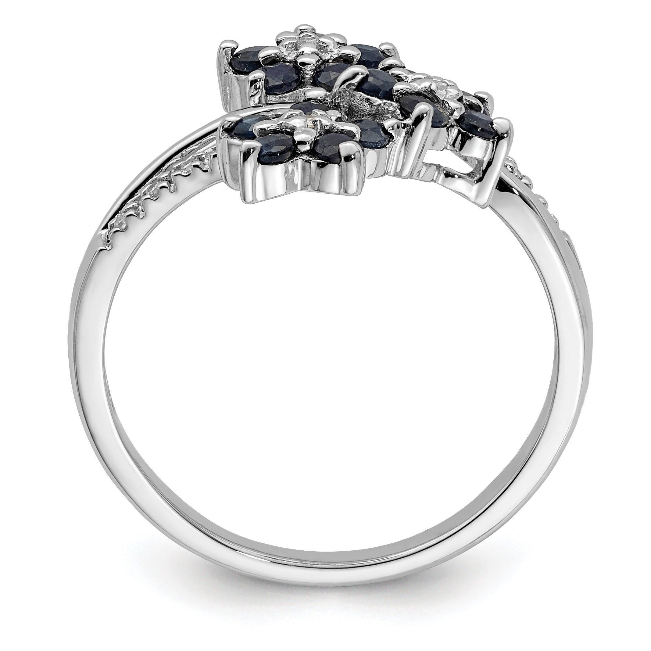 0.6 Ct Blue Sapphire & Diamond Prong Rhodium-Plated Sterling Silver Three-Flower Ring