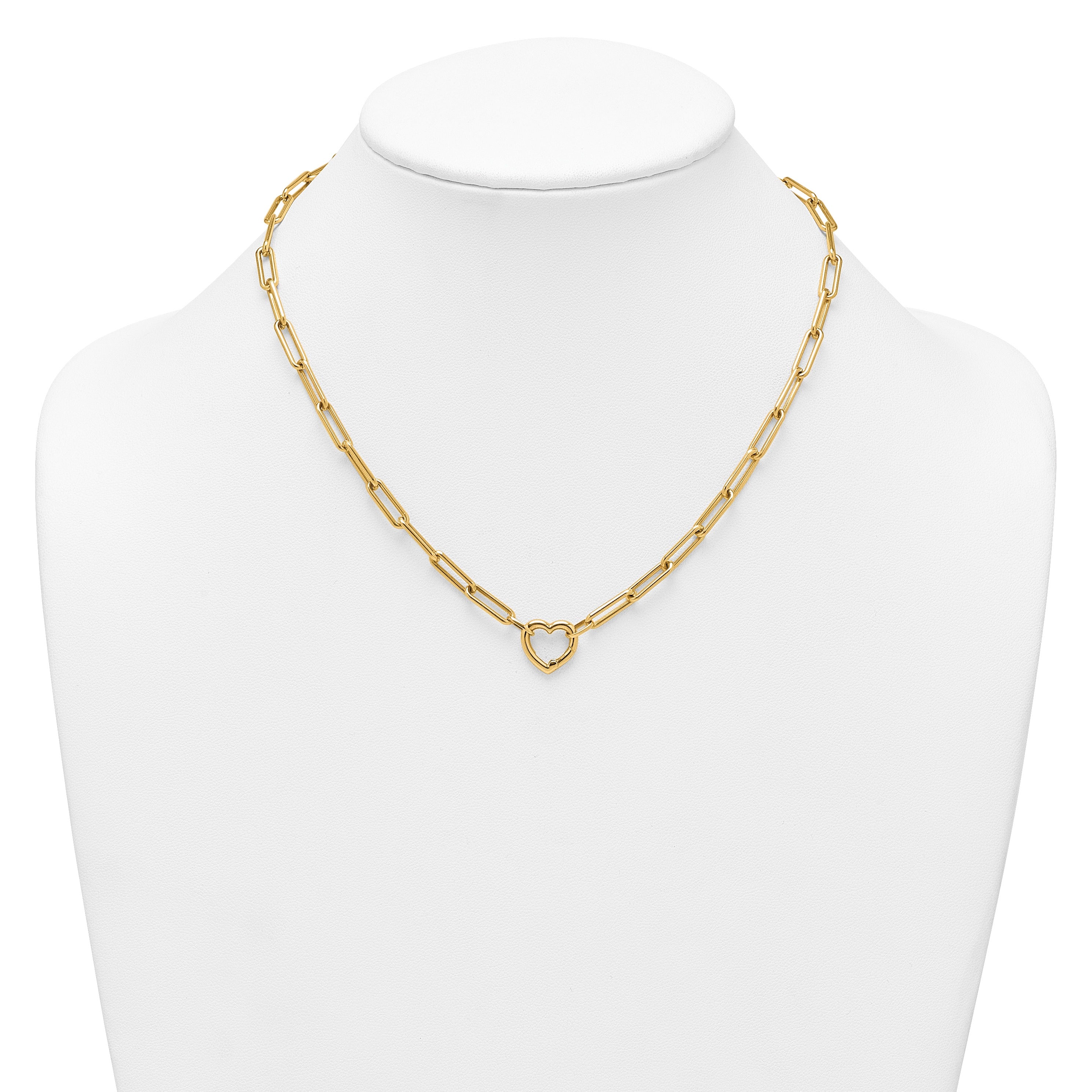 Gold chain necklace with heart-shaped pendant on white jewelry bust, Fine Color Jewels USA