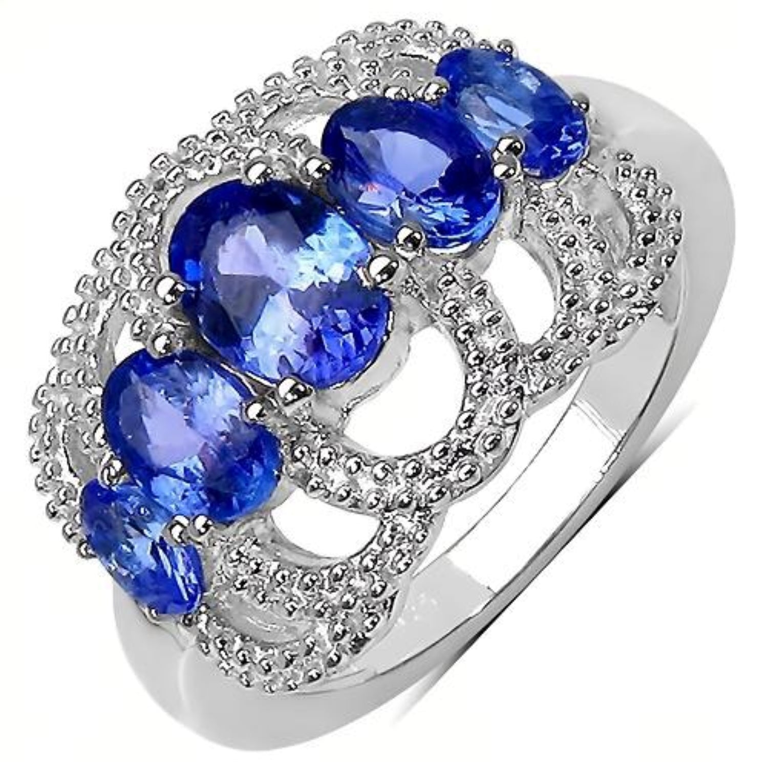 2.13 Ct Oval Violet Tanzanite Prong Silver Pave 5 Stone Ring