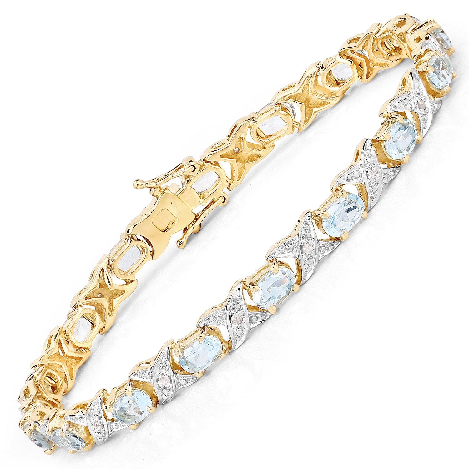 6.54 Ct Oval Aquamarine and Diamond Yellow Gold Over Silver X-Link Tennis Bracelet