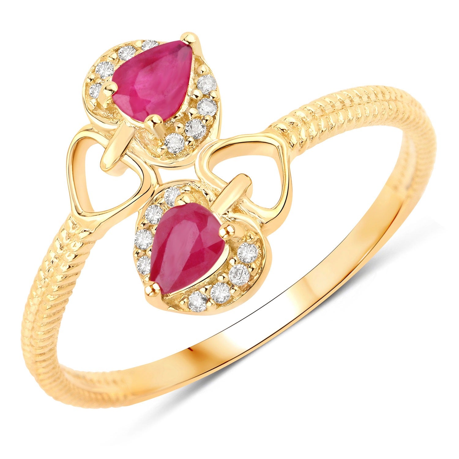 0.44 Ct Pear Mozambique Ruby and White Diamond Prong 14K Yellow Gold Heart Bypass Ring