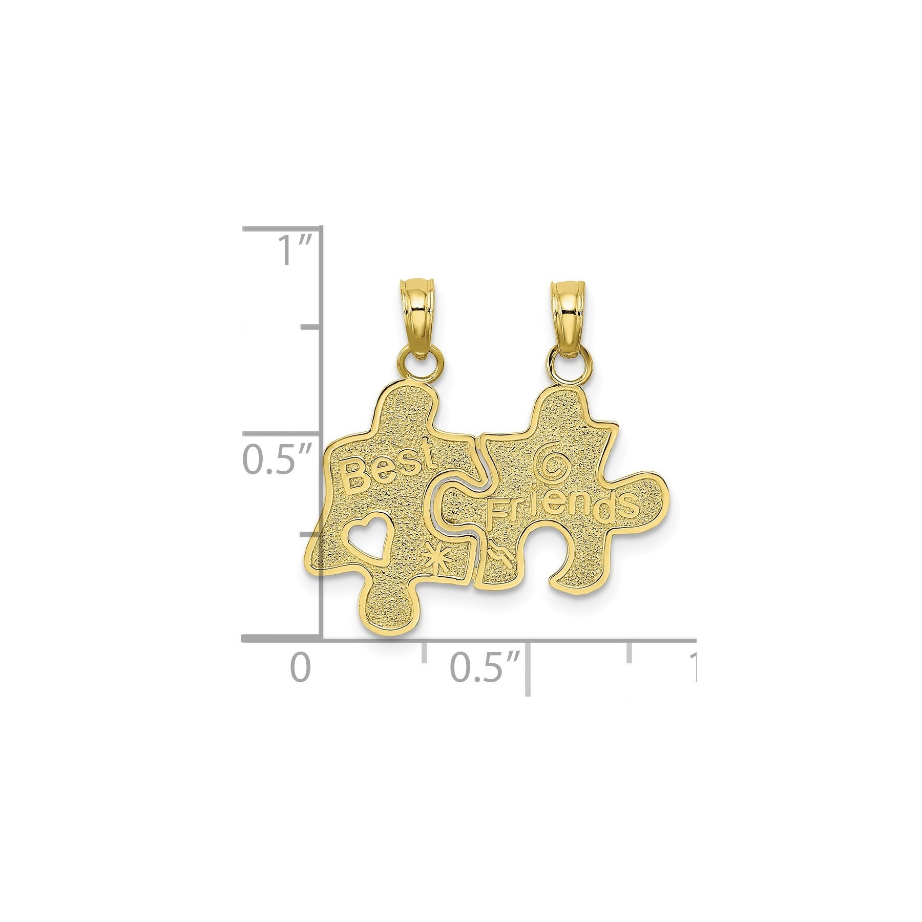 Gold best friends puzzle piece pendants, fine jewelry, on white background with size chart