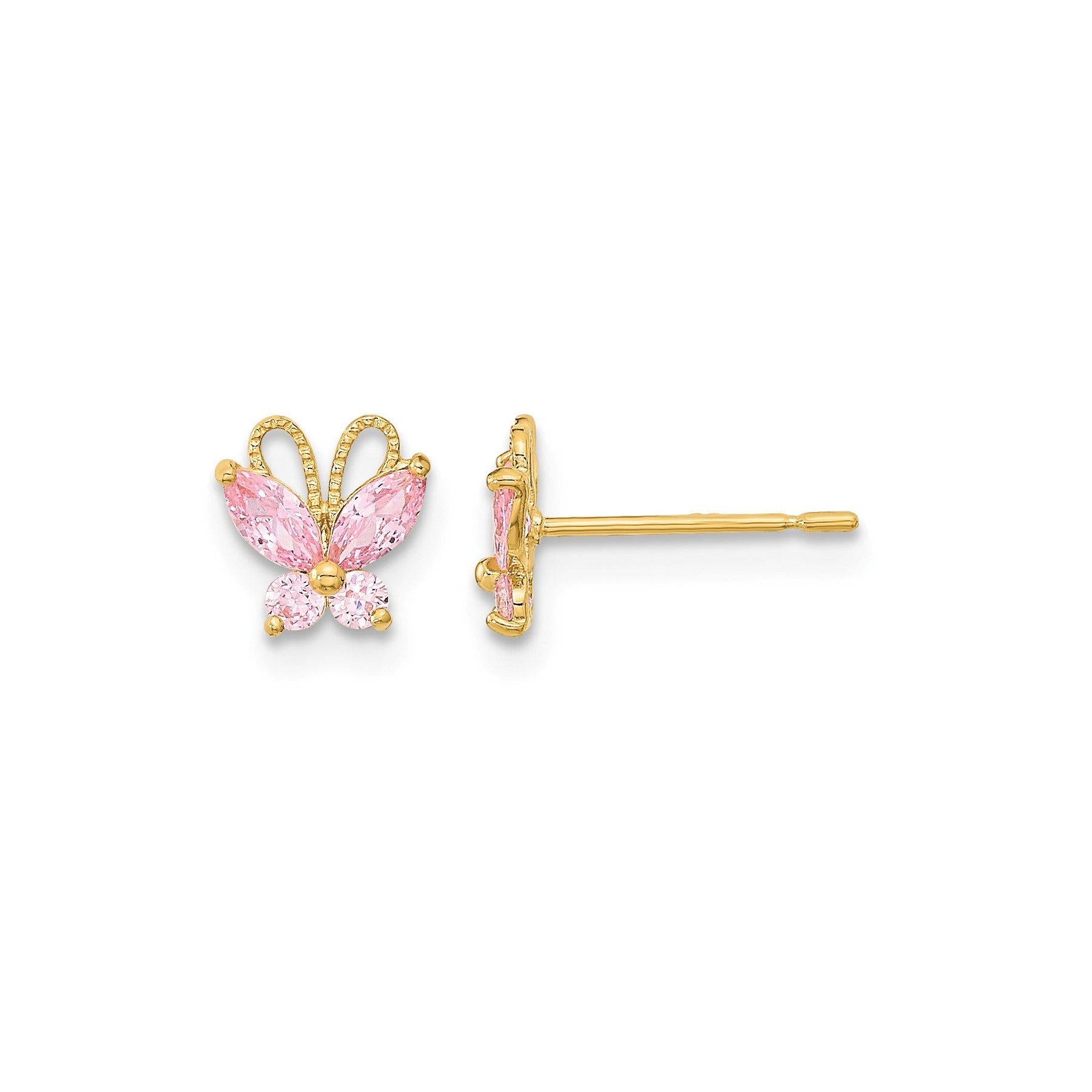 Pink CZ Prong 14K Yellow Gold Butterfly Post Button Earrings