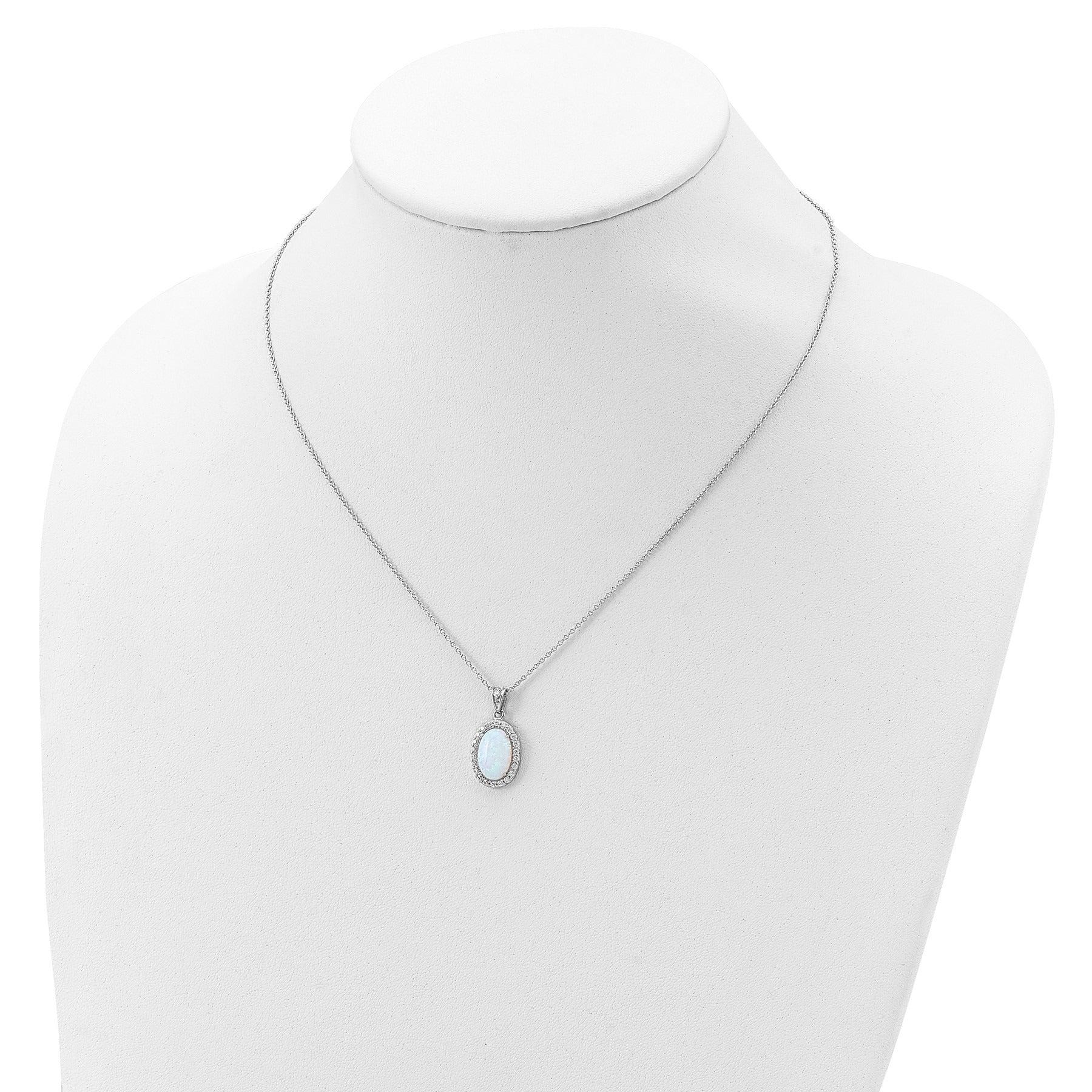 Sterling Silver Opal Oval Halo 18 Inch Cubic Zirconia Necklace