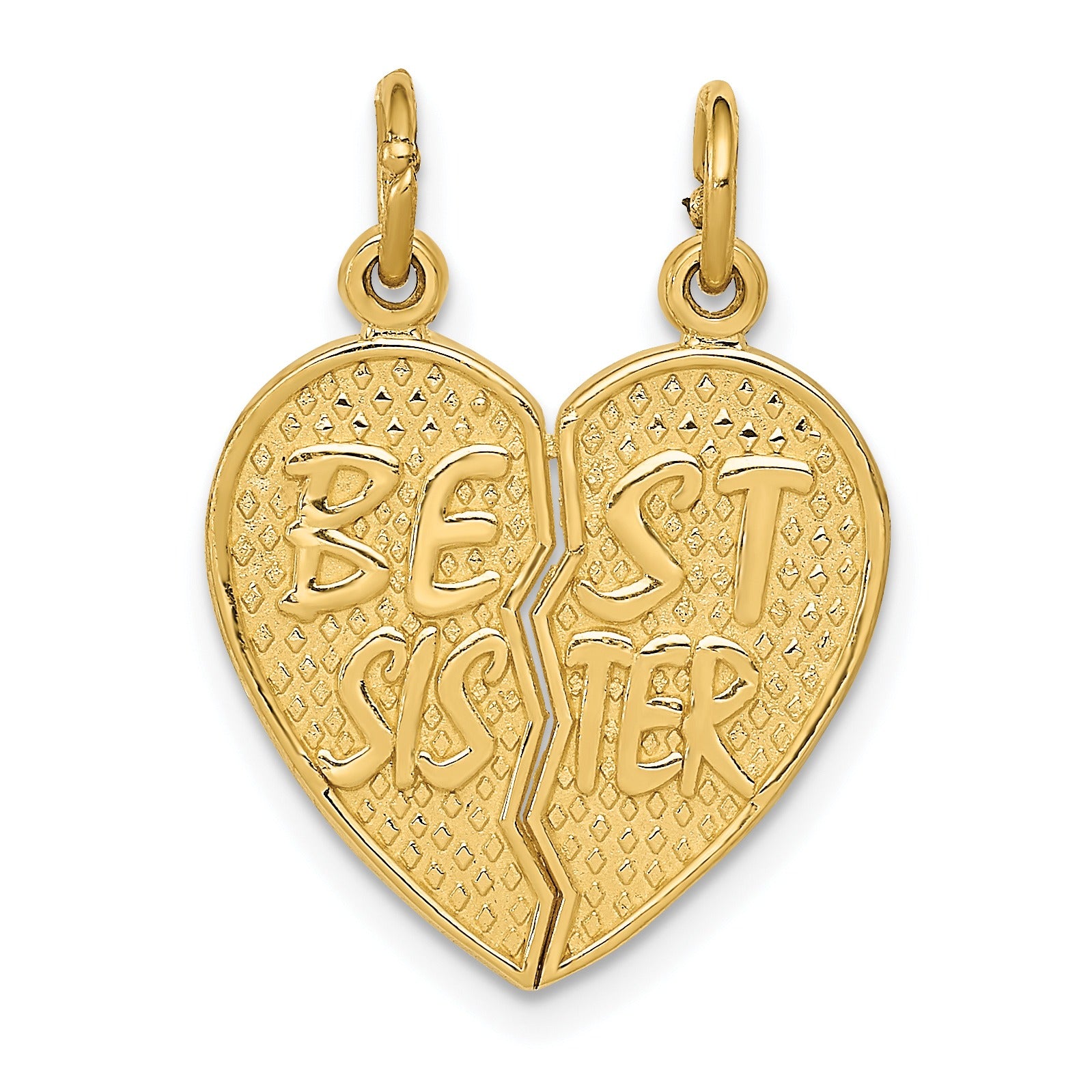 Gold heart-shaped sister pendant split in two, Fine Color Jewels handcrafted jewelry.