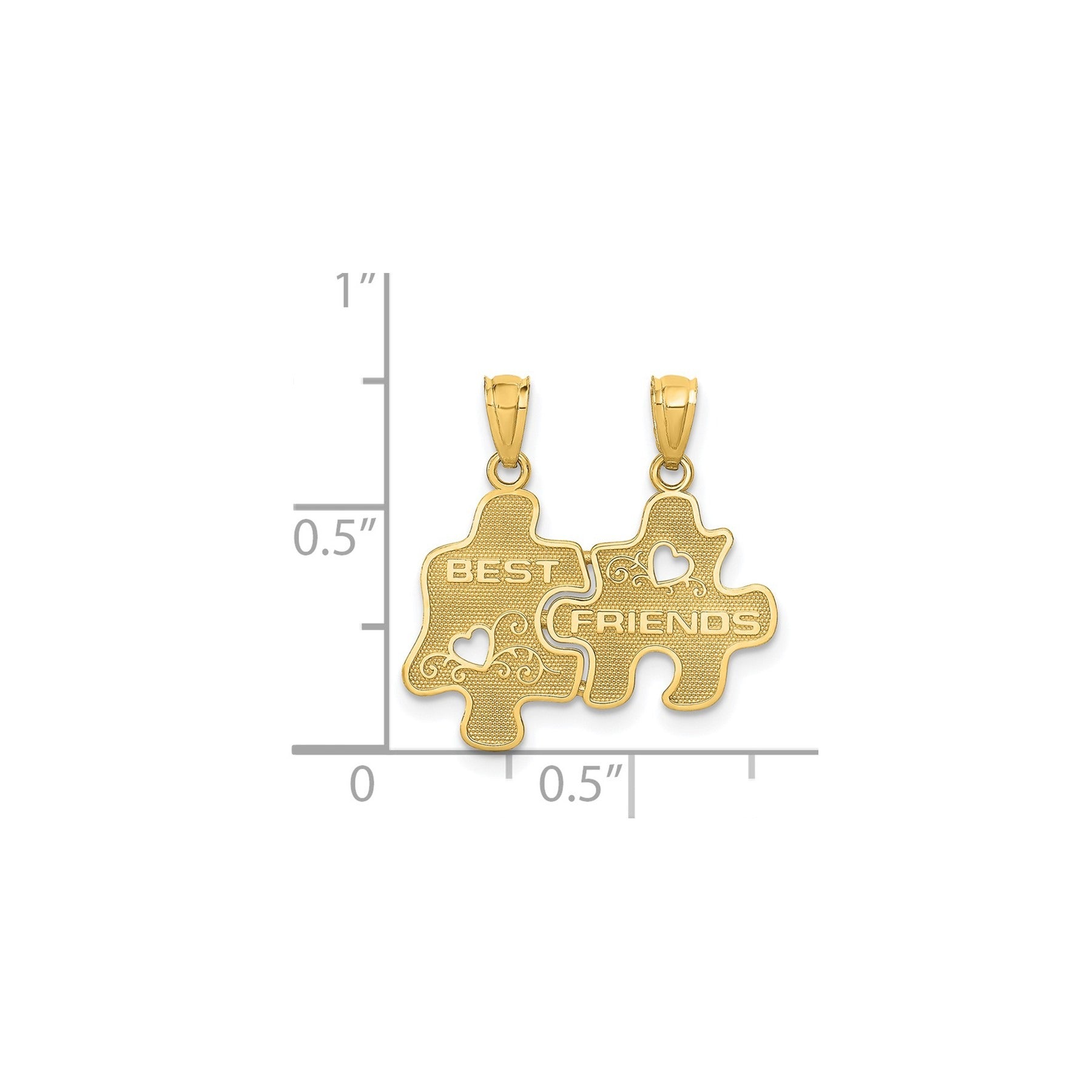 Gold puzzle piece best friends pendant set, fine jewelry, on measurement grid