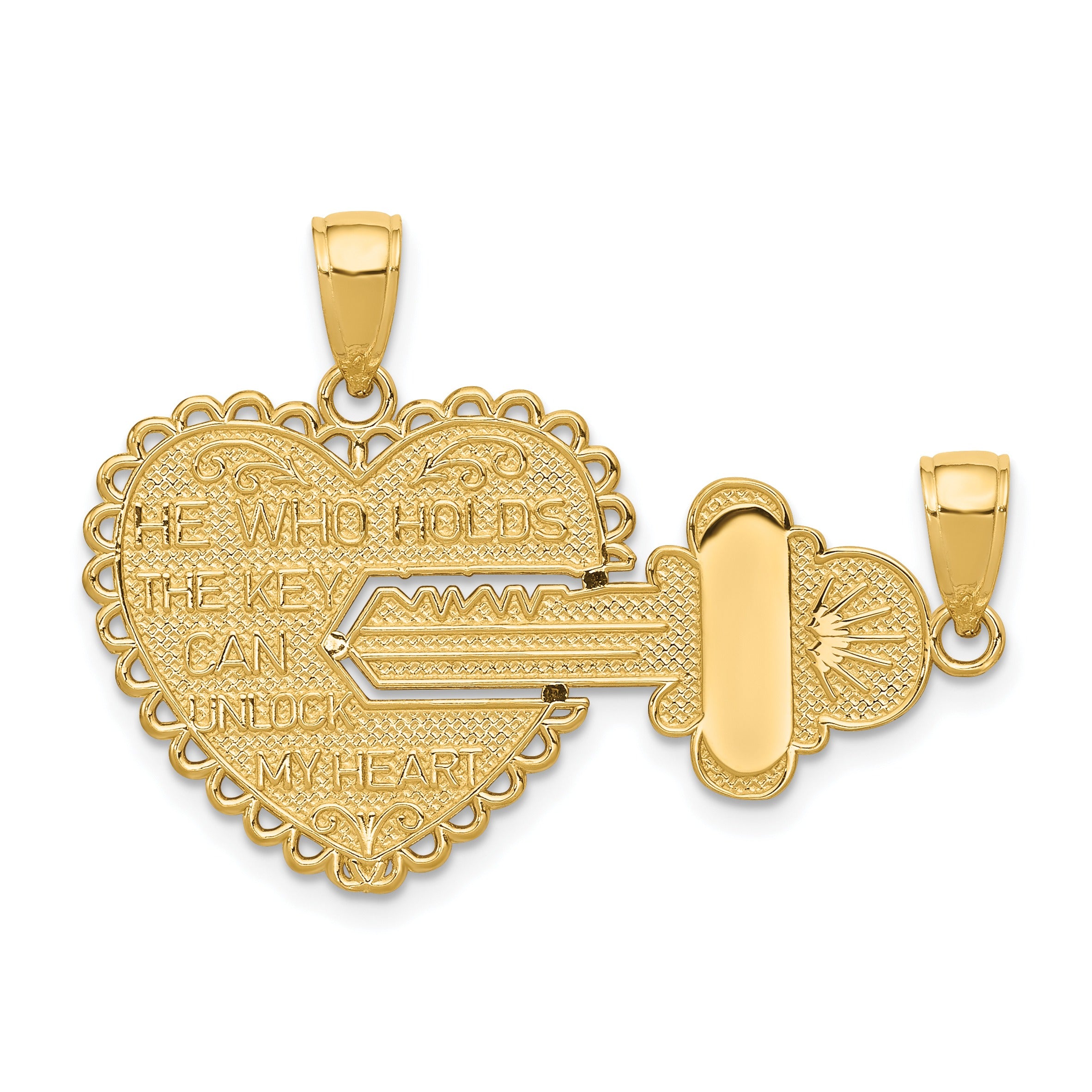Gold heart and key pendant necklace with engraved 'He who holds the key can unlock my heart'