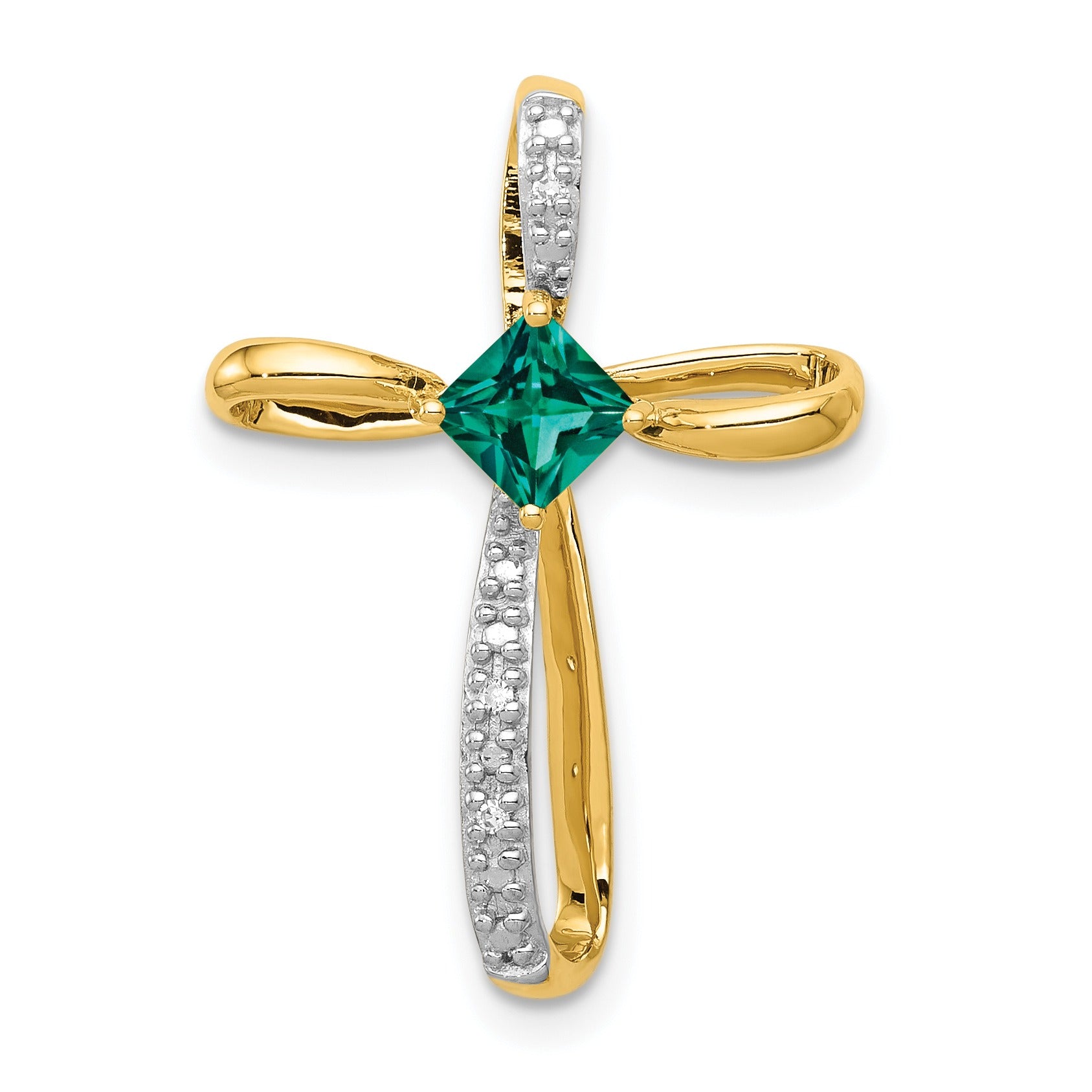Lab Created Emerald and Diamond Cross Pendant Gold