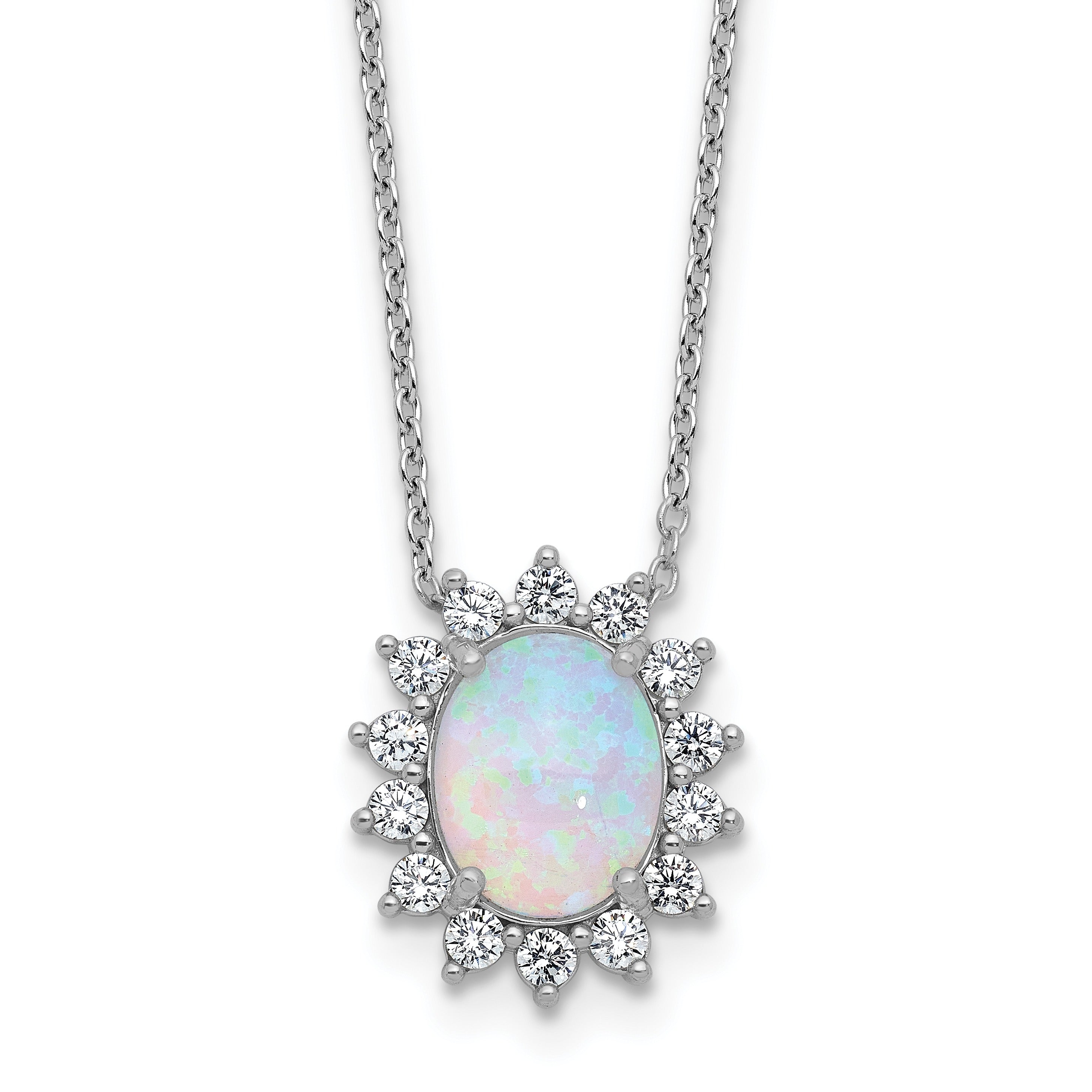 Opal and diamond pendant necklace in white gold on chain, handcrafted fine gemstone jewelry