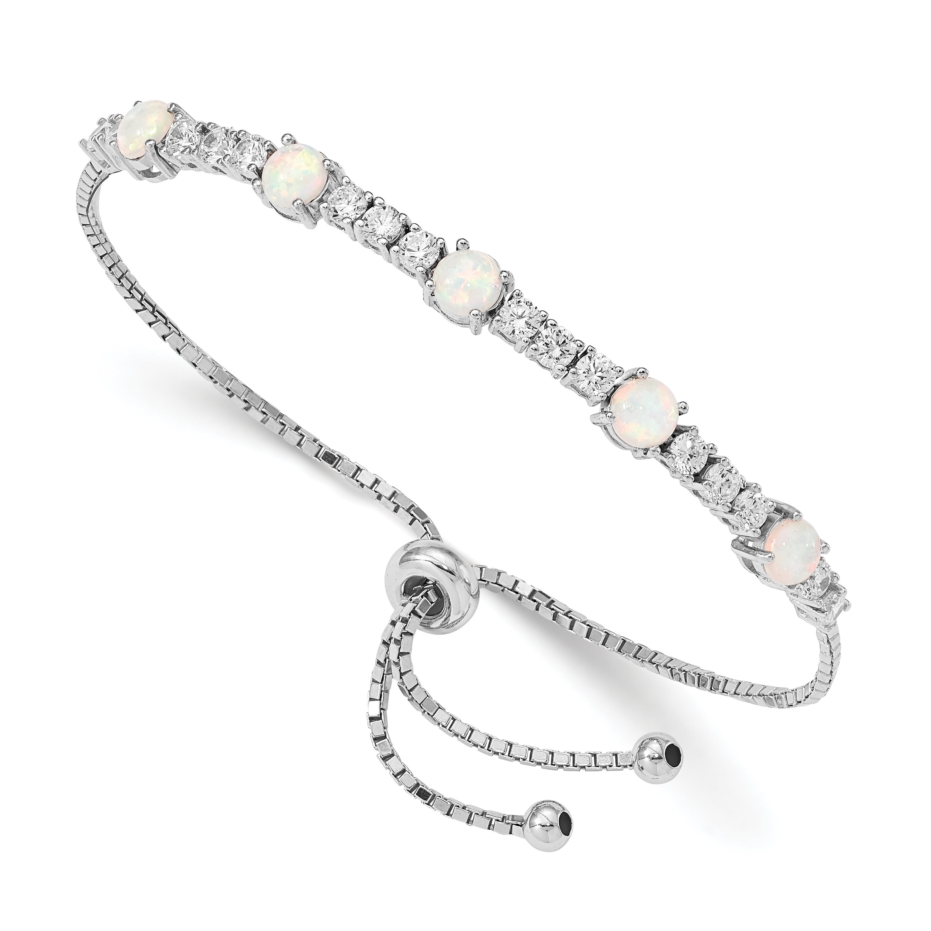 Sterling silver adjustable bracelet with round opal and diamond gemstones, Fine Color Jewels