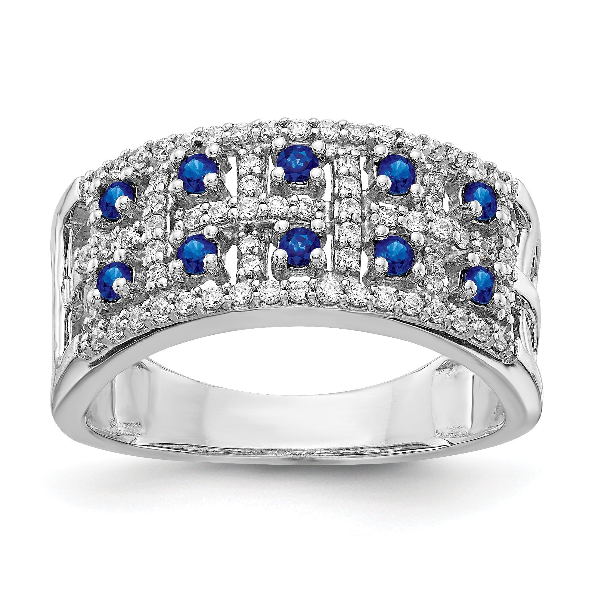 0.6 Ct Round Blue Sapphire & Diamond Prong 14K White Gold Two-Row Band Ring