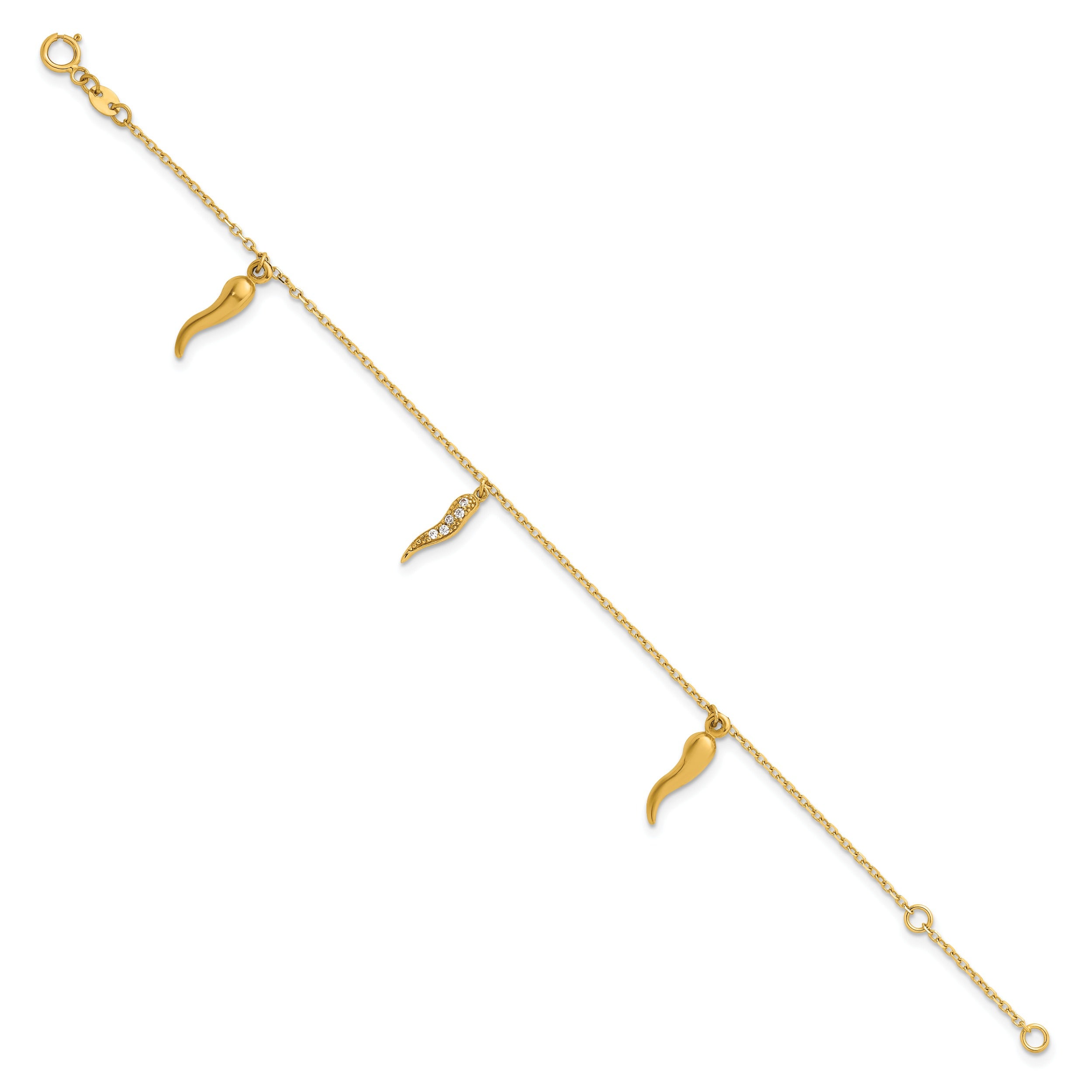 14k Yellow Gold CZ Three Italian Horn Dangles Bracelet