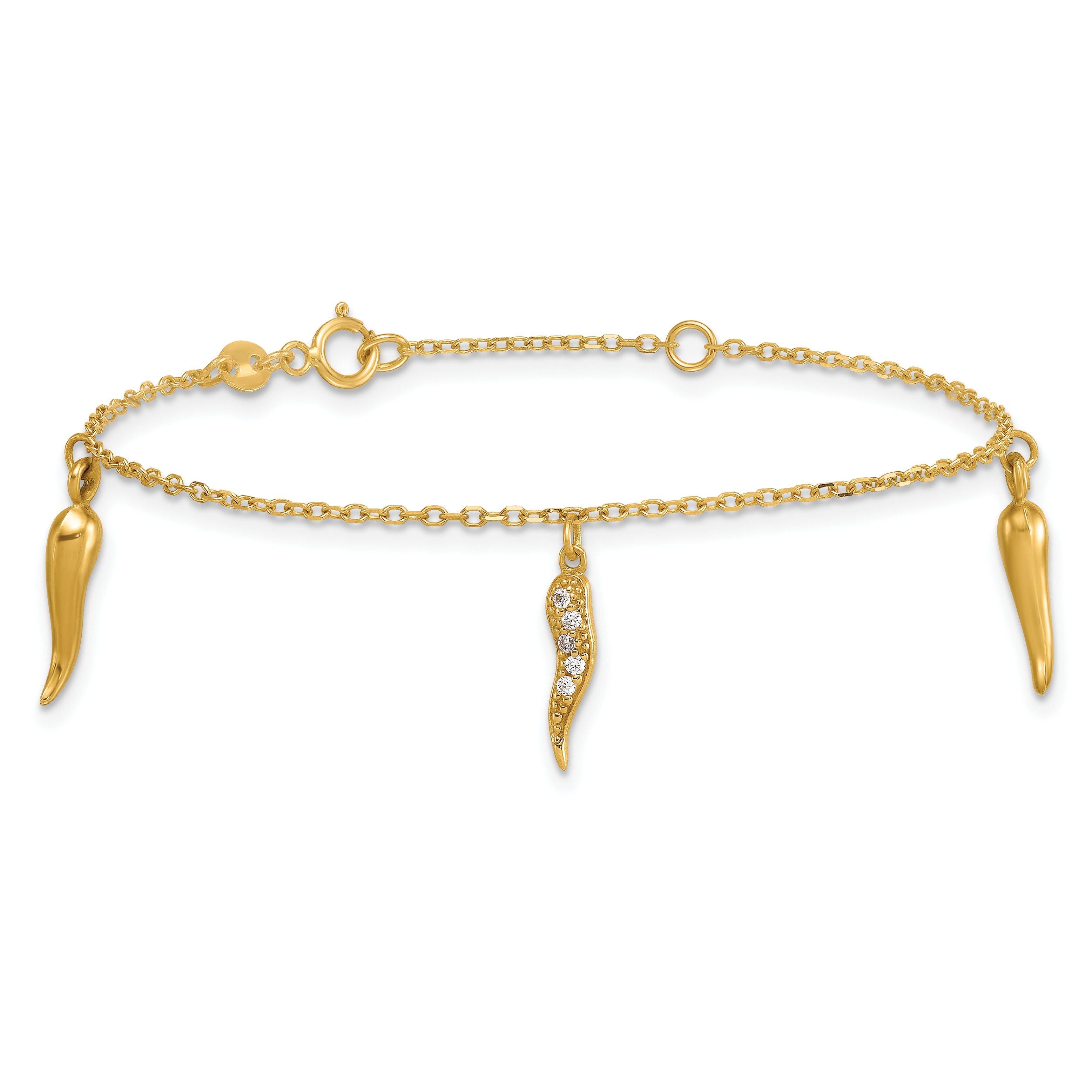 14k Yellow Gold CZ Three Italian Horn Dangles Bracelet