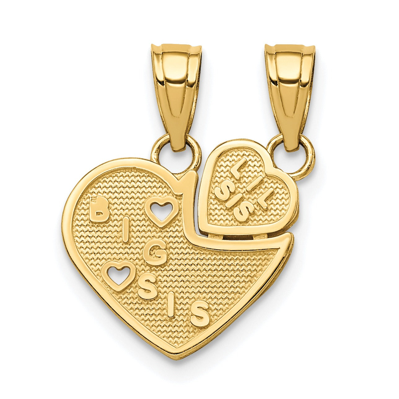 Gold heart-shaped Big Sis and Lil Sis pendant necklace, Fine Color Jewels sibling jewelry