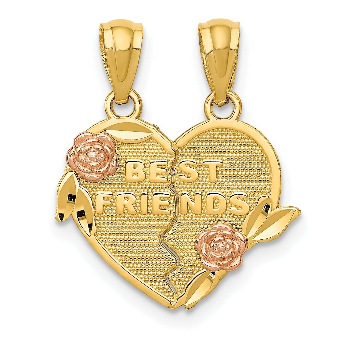 Gold and rose gold heart-shaped best friends pendant with floral accents, Fine Color Jewels.