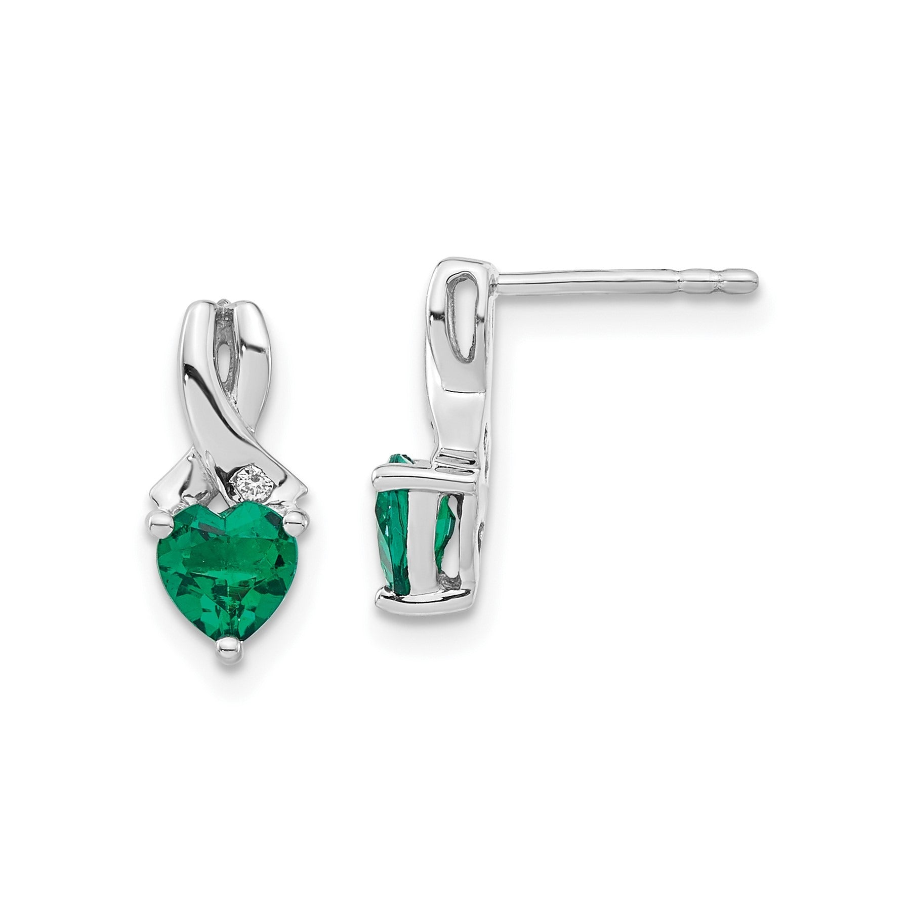 White gold earrings with heart-shaped green gemstones and small round diamond accents