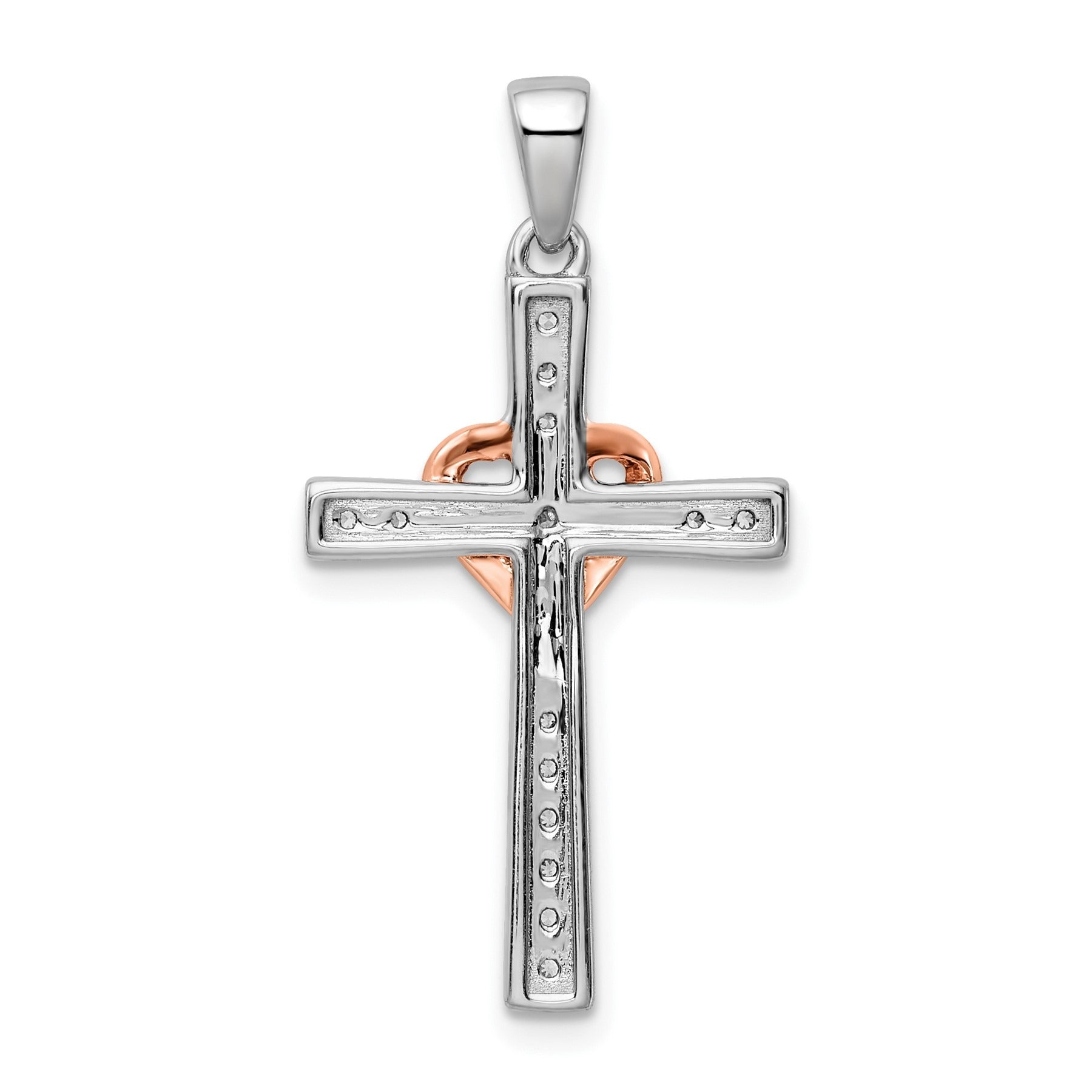 14k Two Tone Rose and White Gold Lab Grown Diamond Cross with Heart Pendant