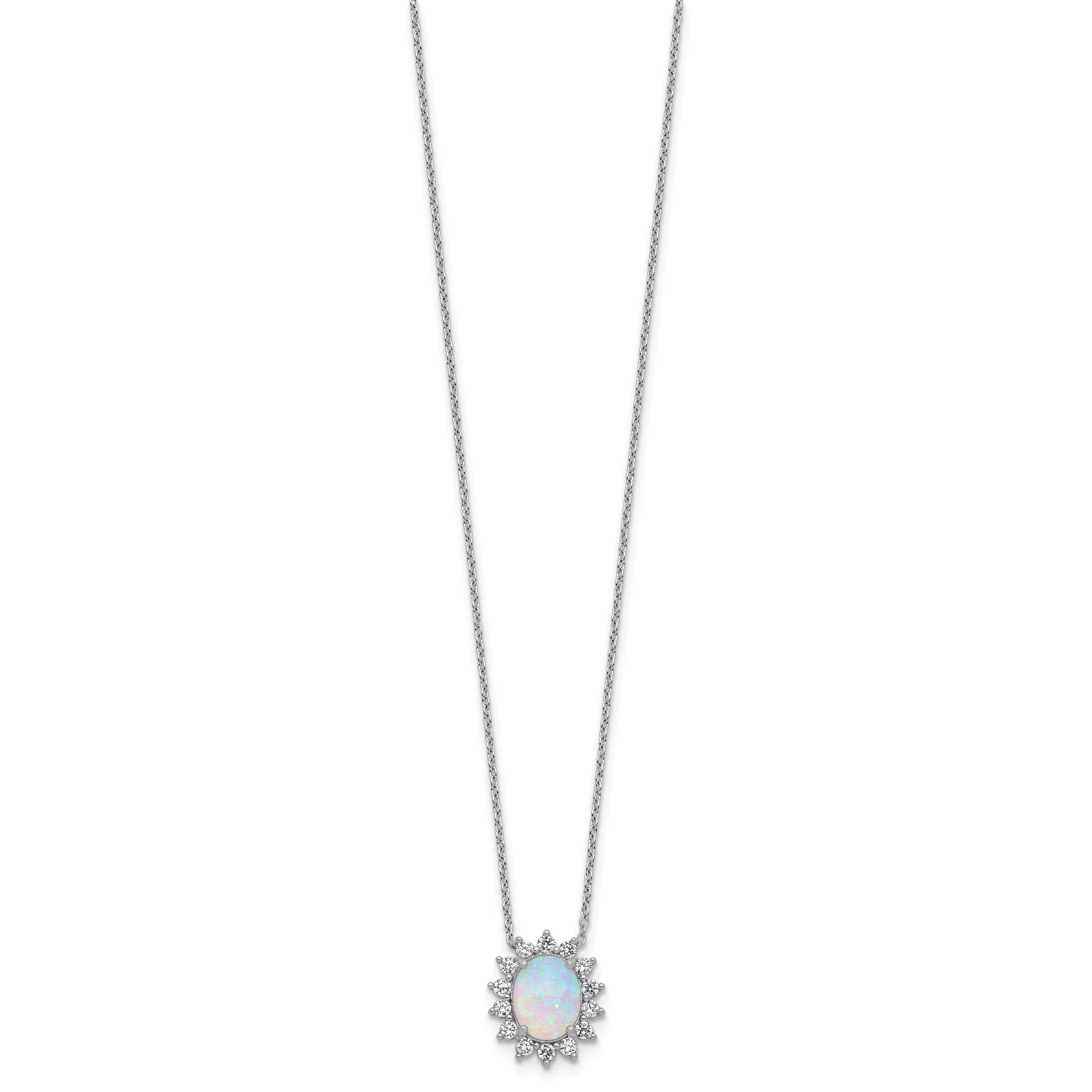 Opal and diamond halo pendant necklace in silver by Fine Color Jewels on white background