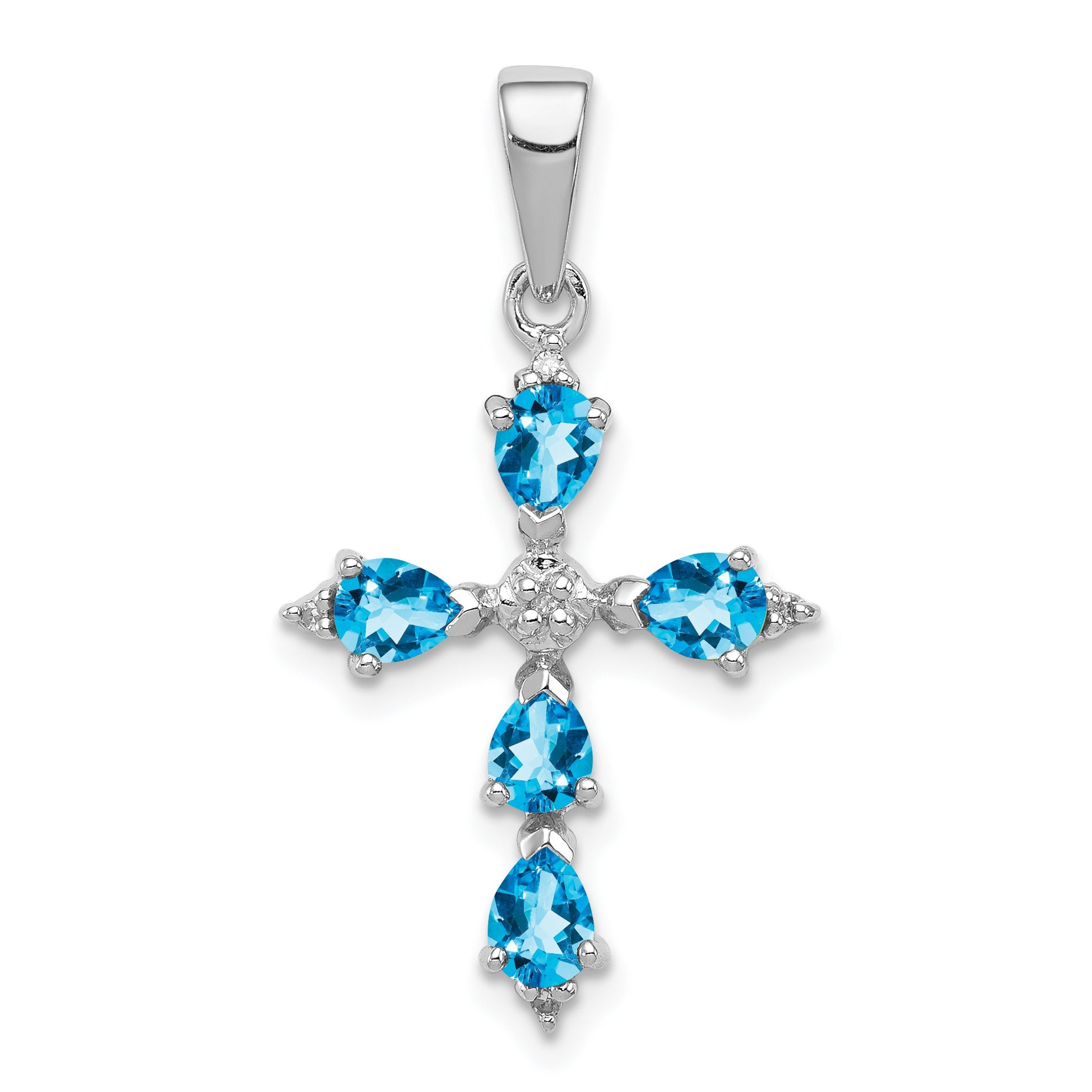 Silver Rhodium Pear Swiss Blue Topaz Cross Pendant