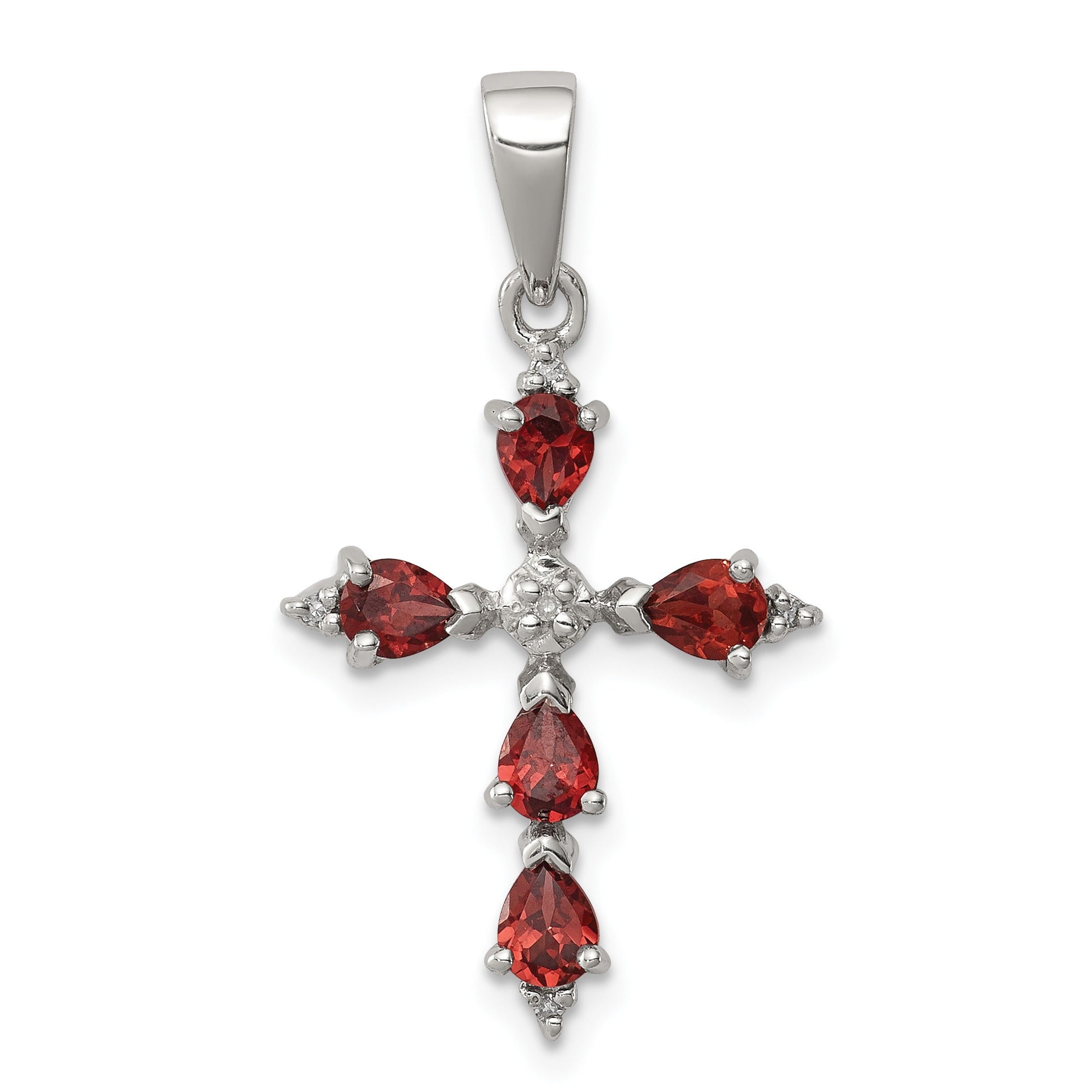 Silver Natural Garnet and Diamond Cross Pendant