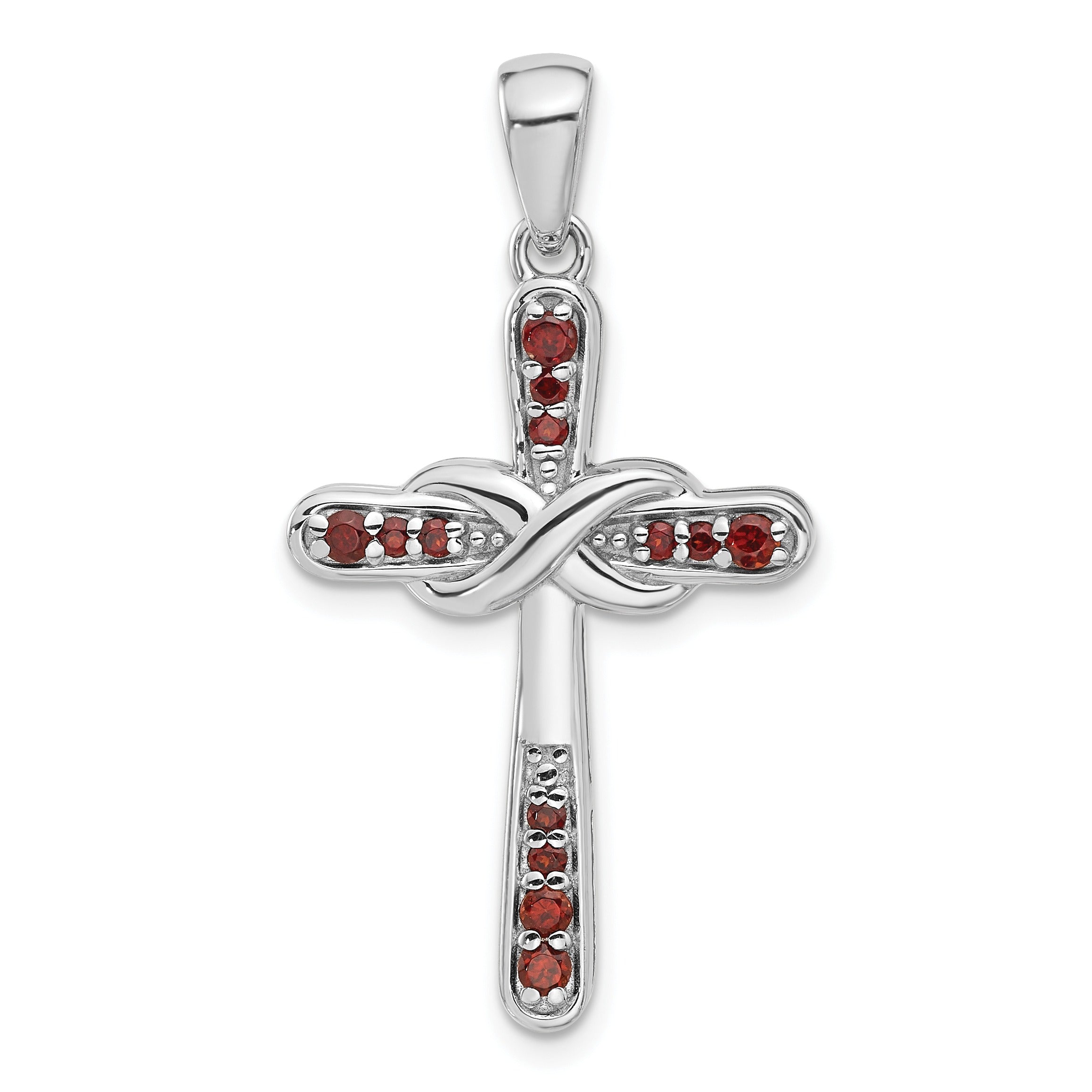 Silver Rhodium-plated Garnet Infinity Cross Pendant