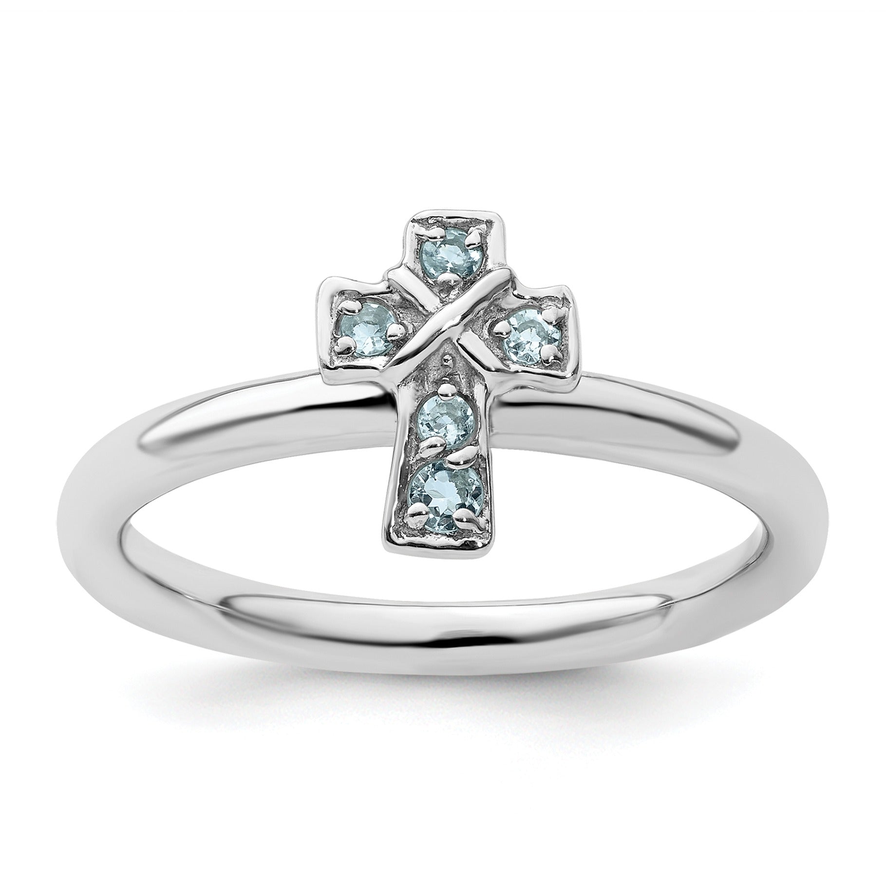 Natural Aquamarine Silver Stackable Cross Ring