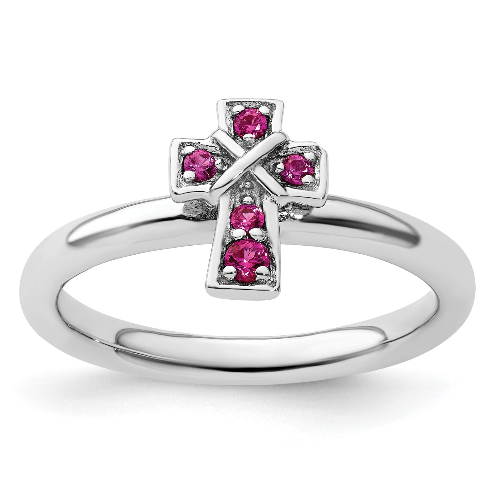 Lab Created Ruby Silver Stackable Cross Ring
