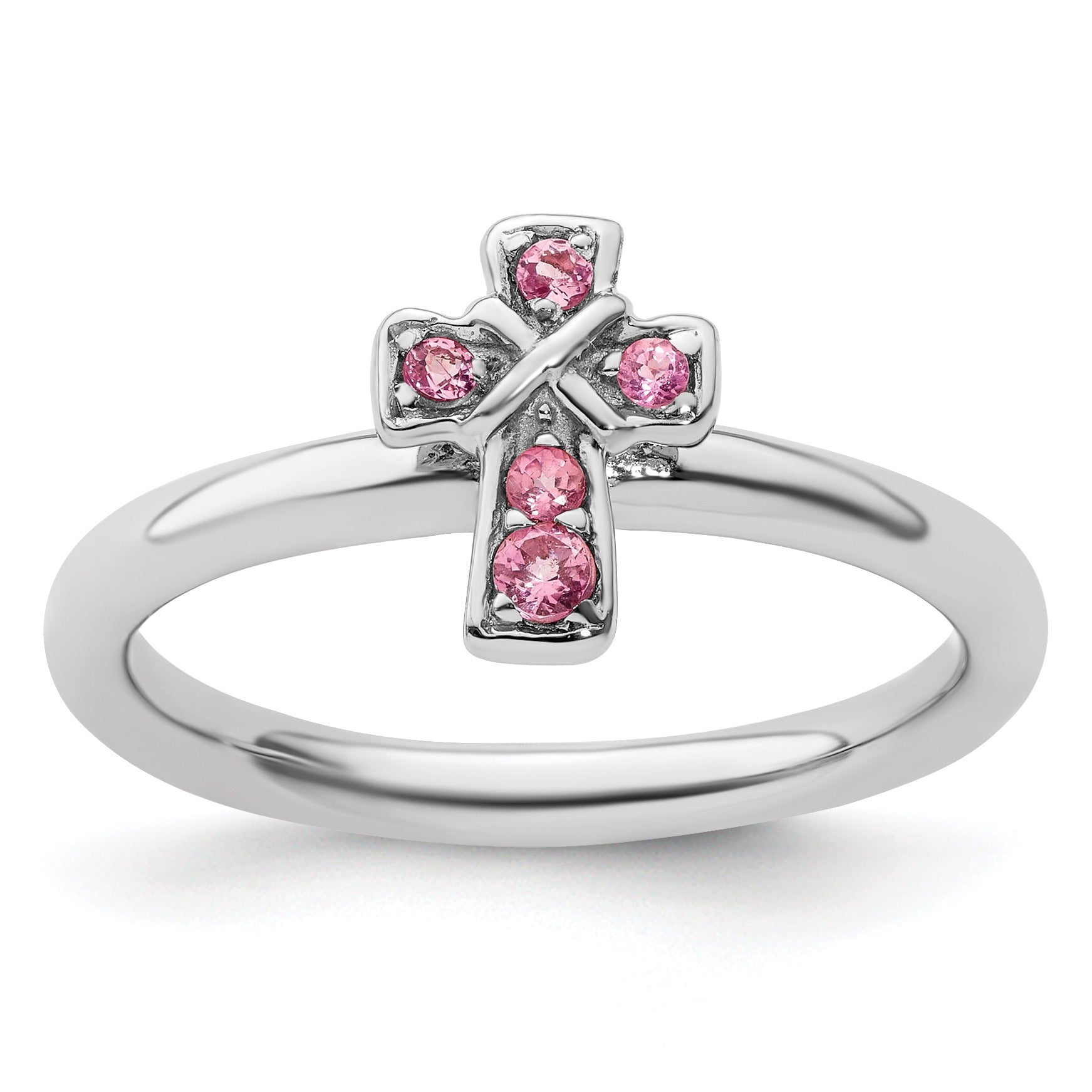 Natural Pink Tourmaline Silver Stackable Cross Ring