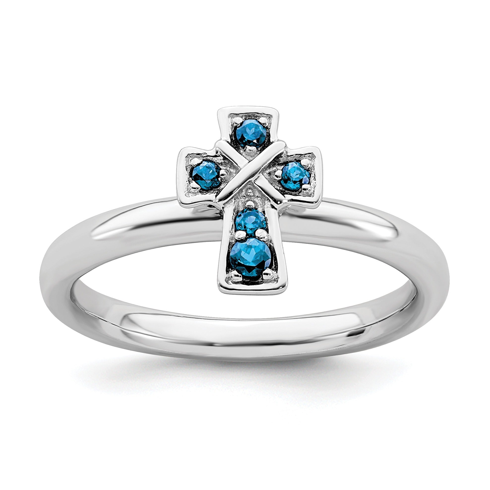 Natural Swiss Blue Topaz Silver Stackable Cross Ring