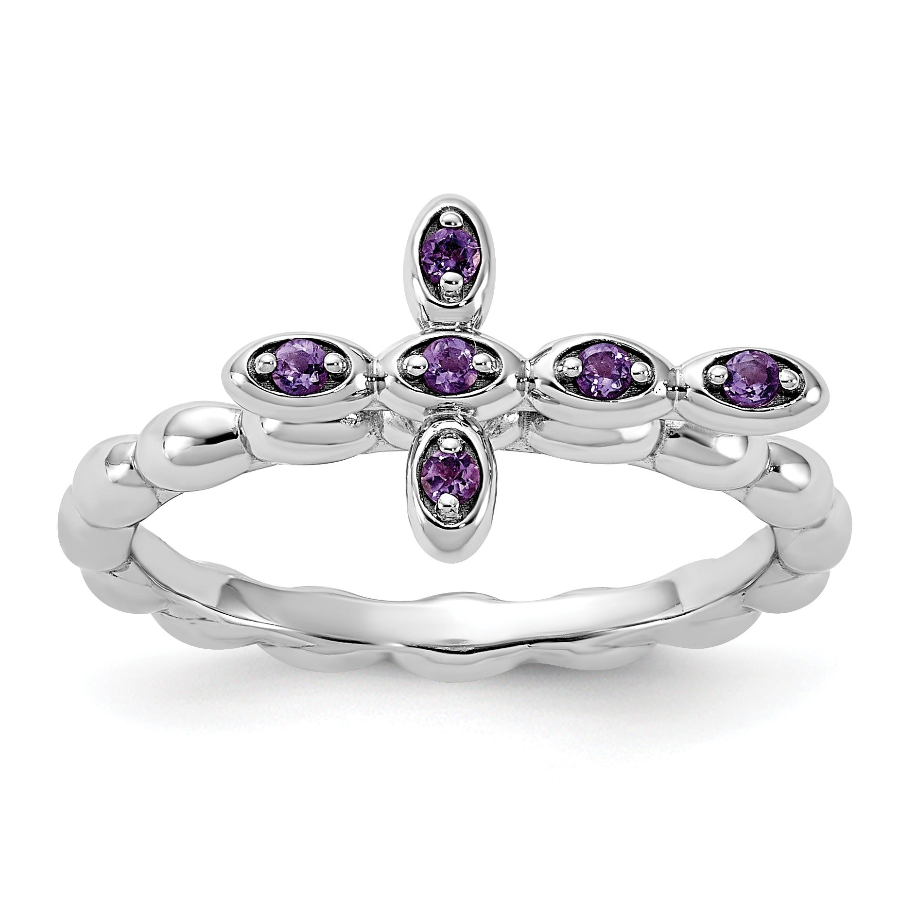 Silver Stackable Natural Amethyst Cross Ring