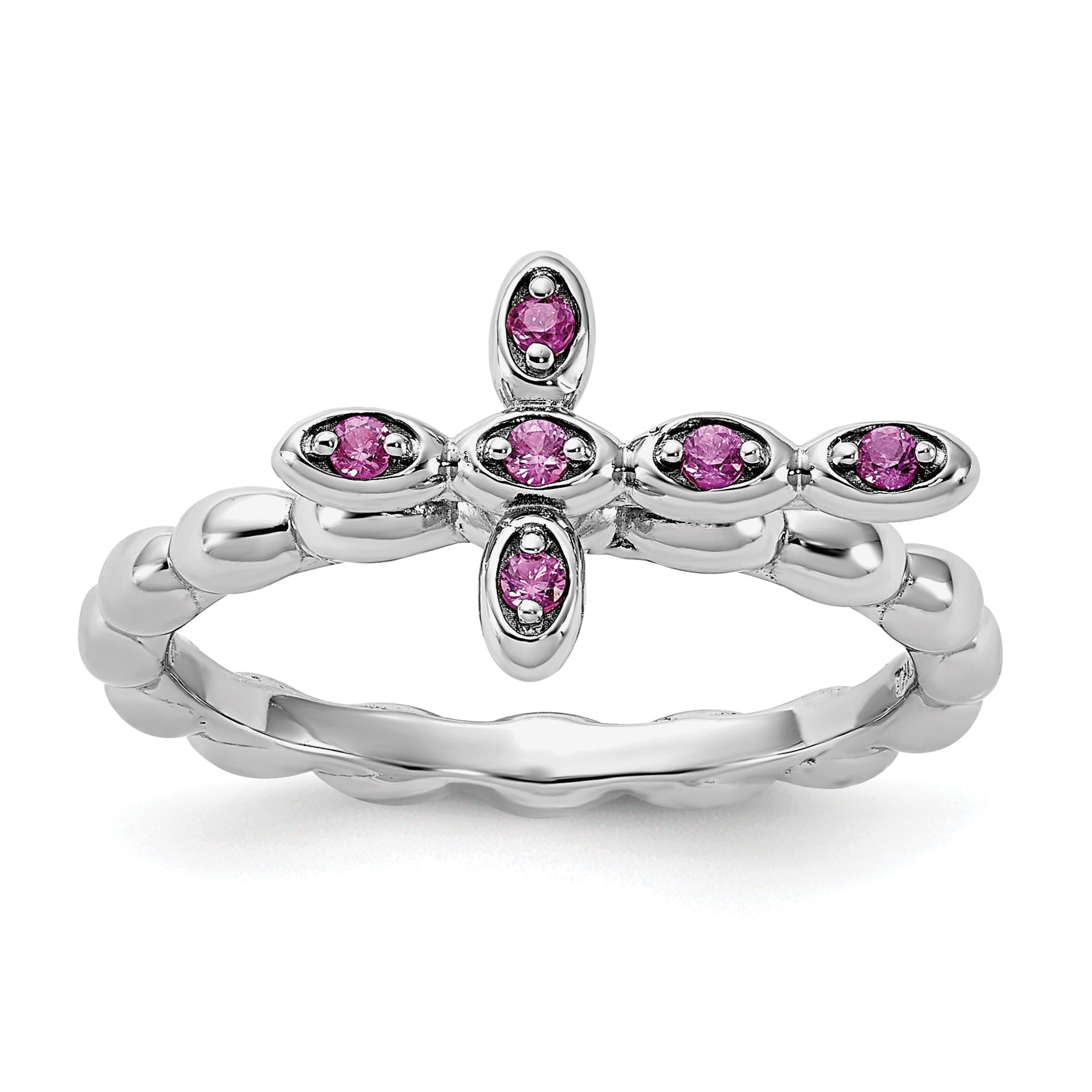 Silver Stackable Created Ruby Cross Ring