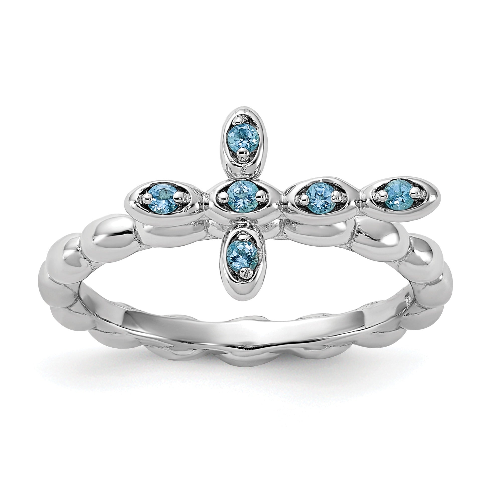 Silver Stackable Natural Swiss Blue Topaz Cross Ring