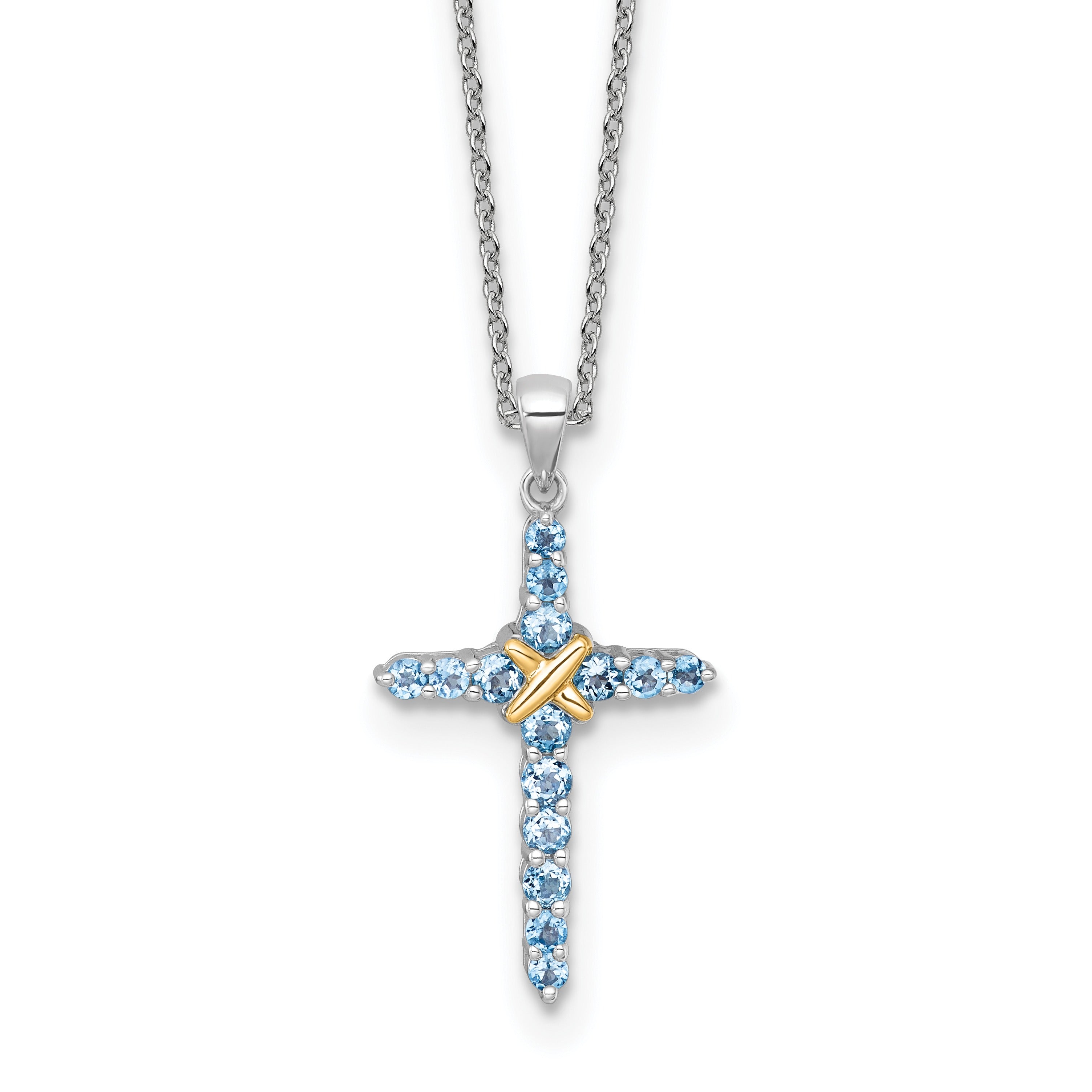 Silver 14k -X- Accent Natural Swiss Blue Topaz Cross Necklace