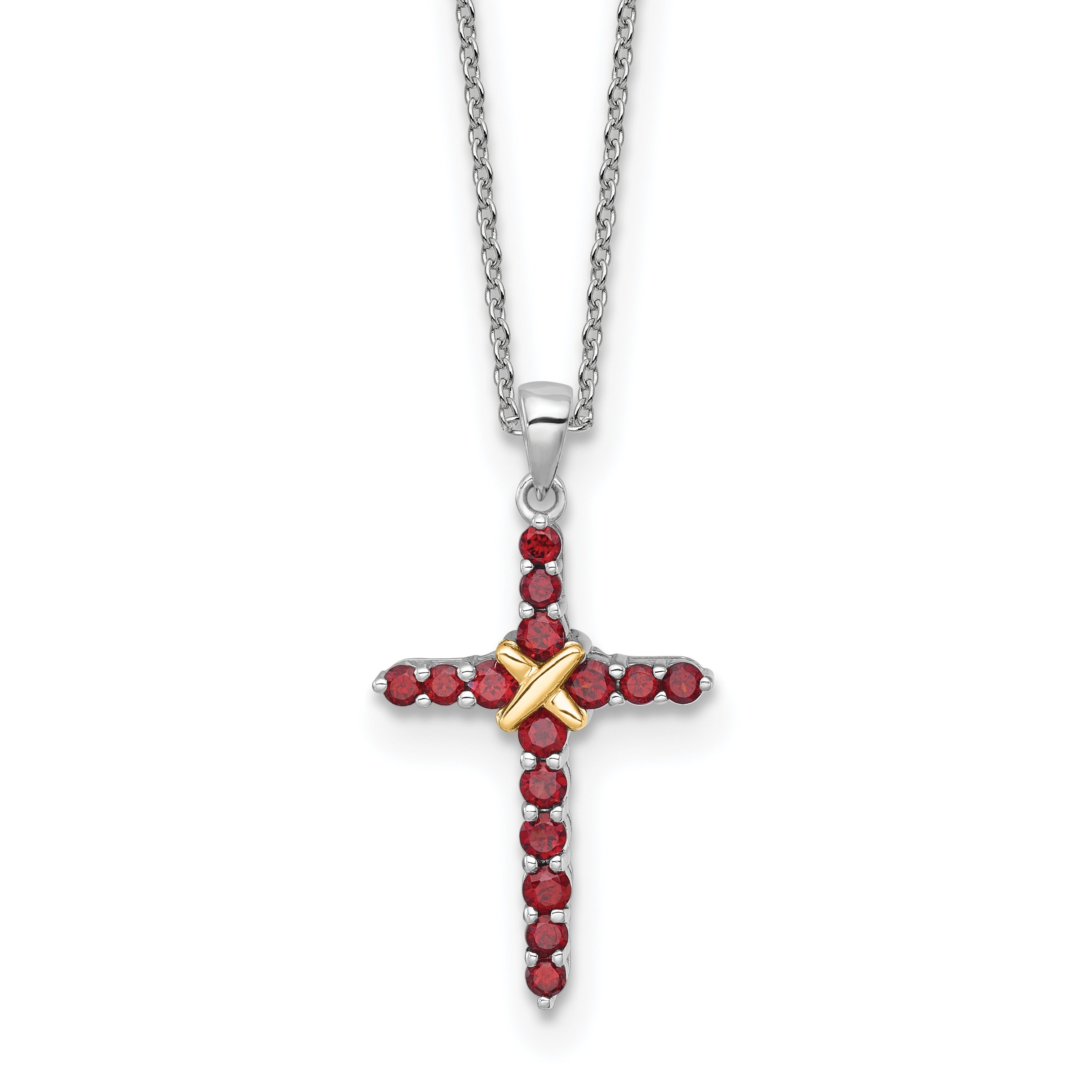 Silver 14k -X- Accent Natural Garnet Cross Necklace