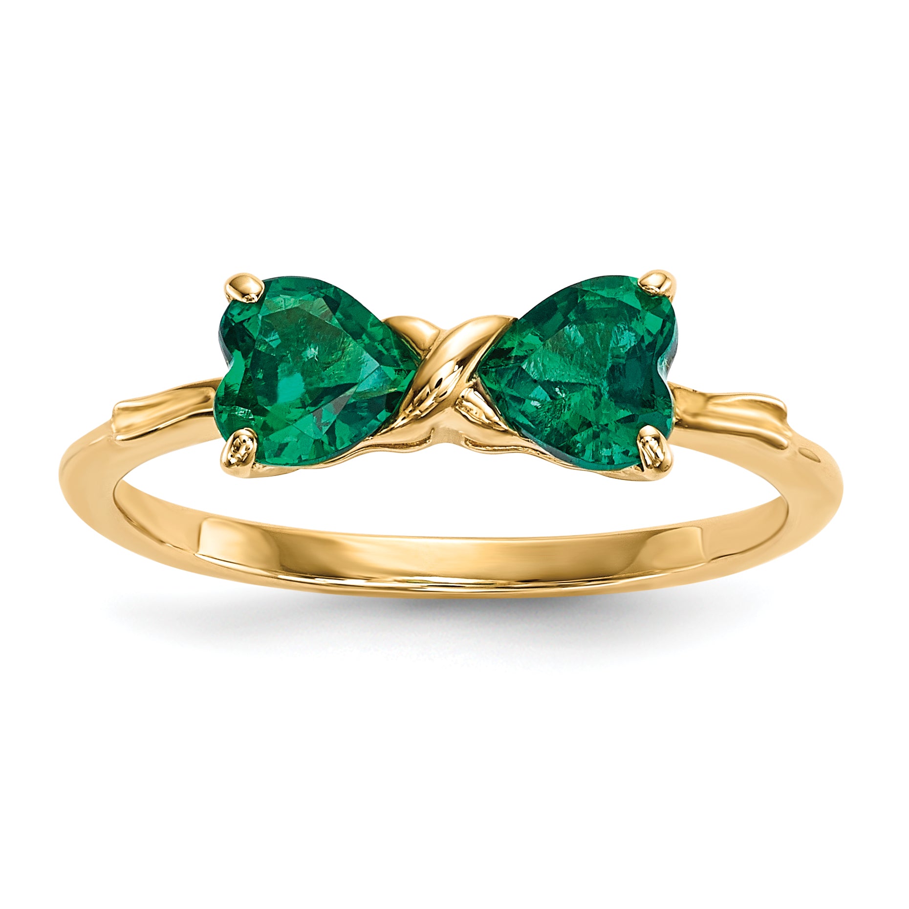 14k Yellow Gold Bow Dual Heart Birthstone Ring