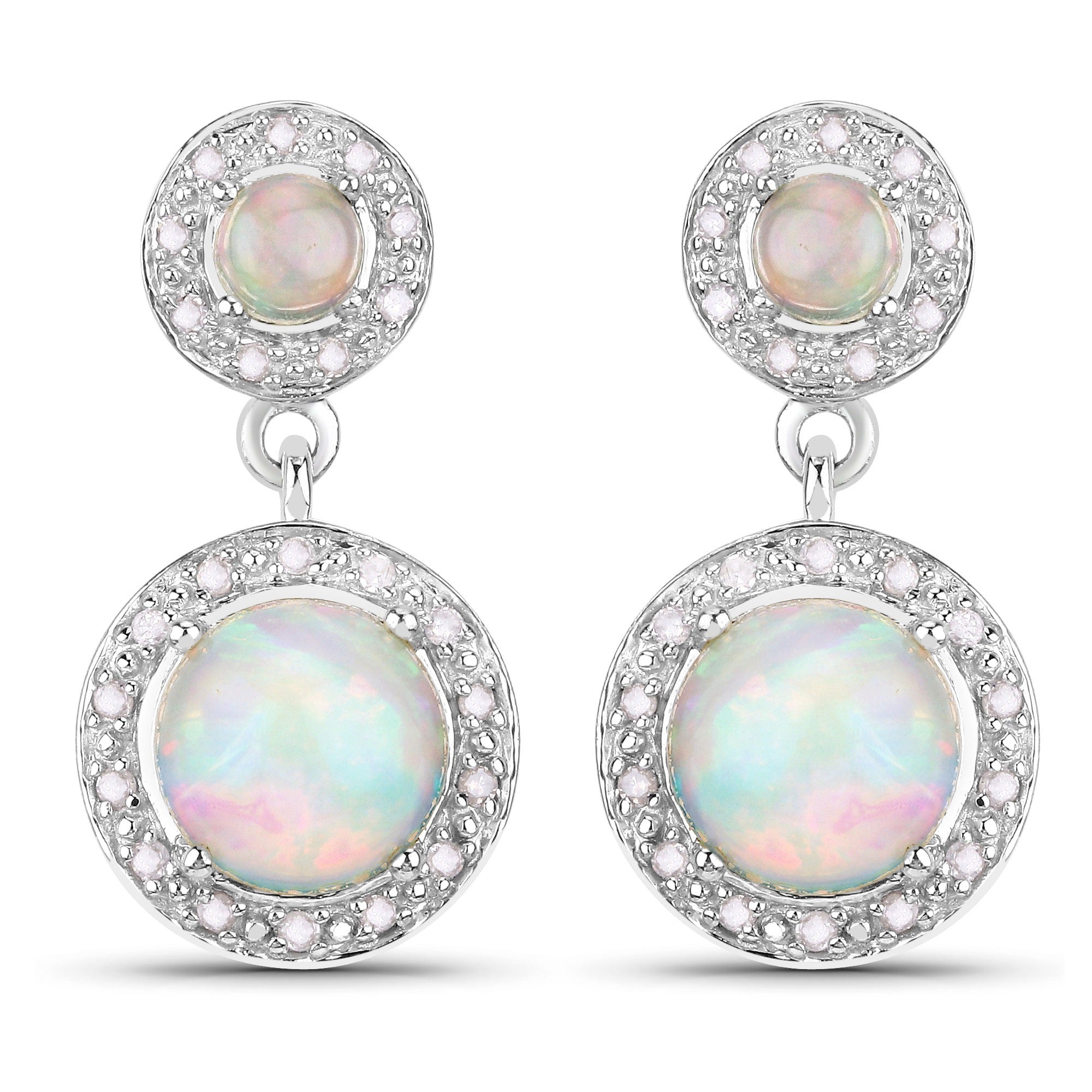 2.27 Ct Round White Ethiopian Opal and Diamond Prong Silver Halo Dangle Earrings