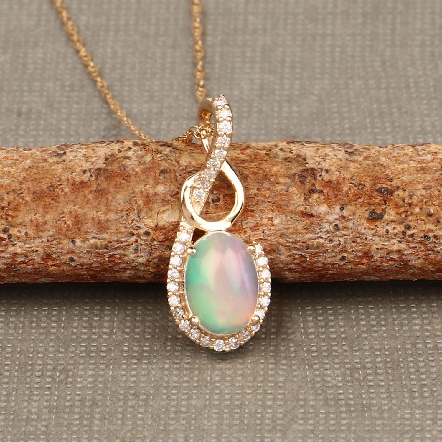Genuine Opal and Diamond 14K Gold Pendant Necklace