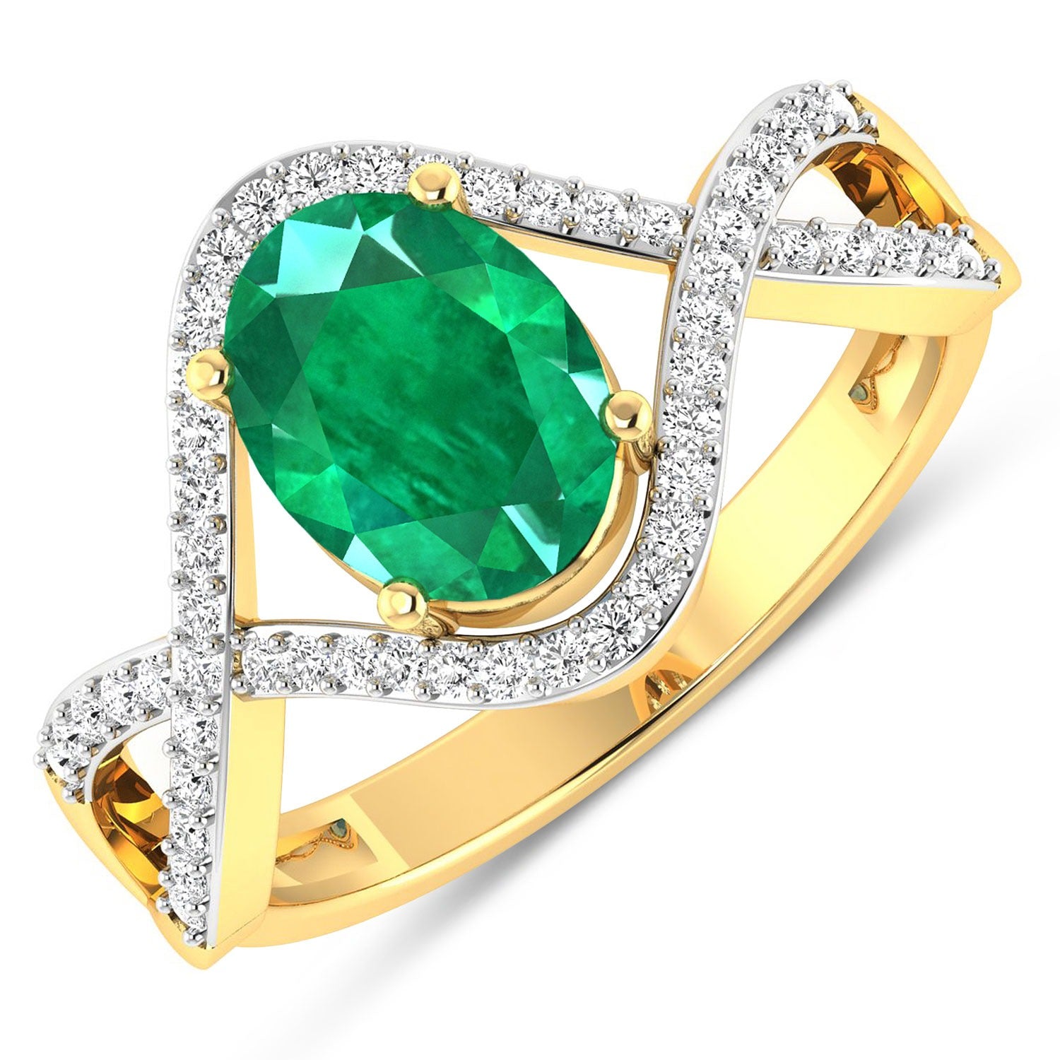 Zambian Emerald Diamond Crossover Ring 14K Gold