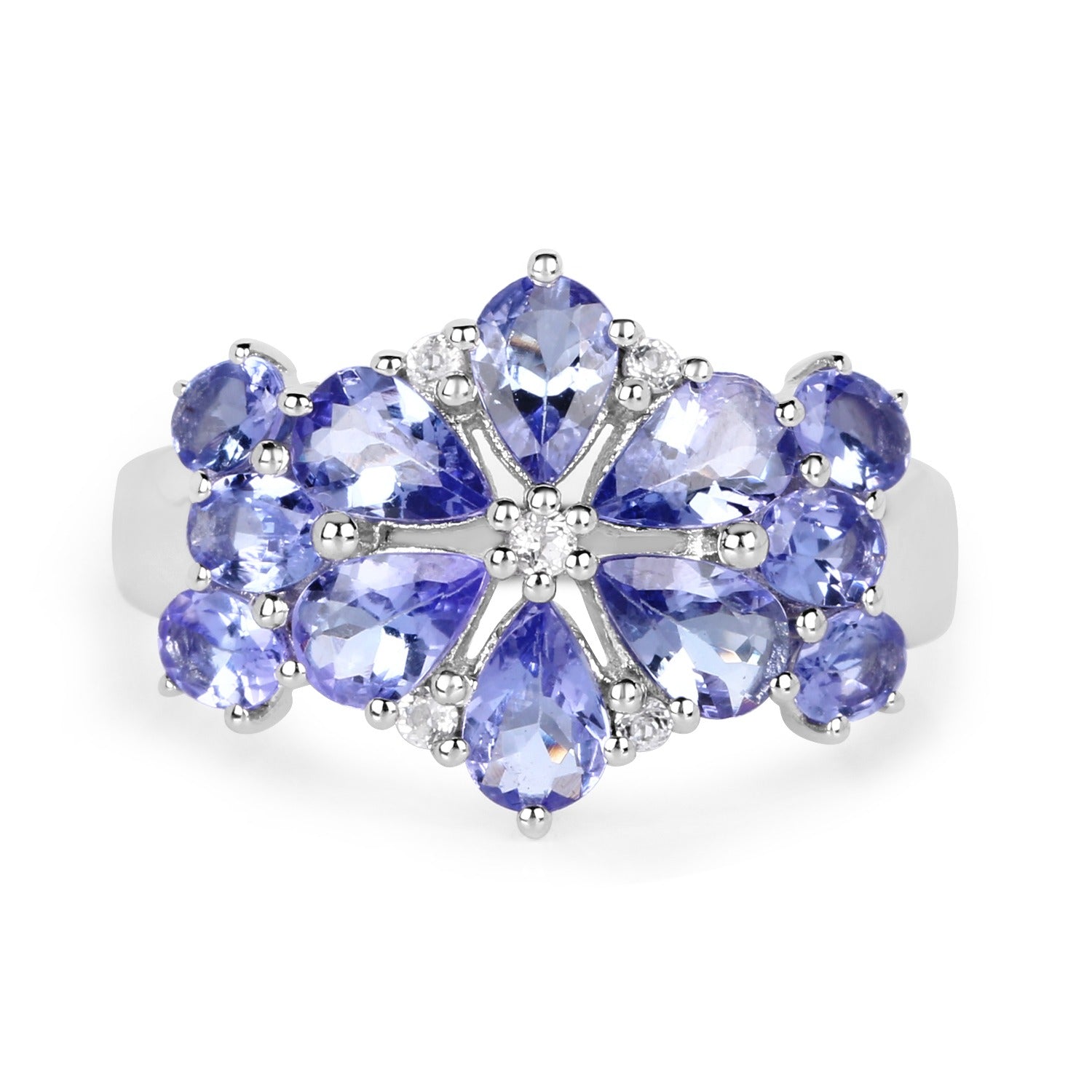 3.36 Ct Pear and Oval Violet Tanzanite and White Topaz Prong Silver Floral Ring