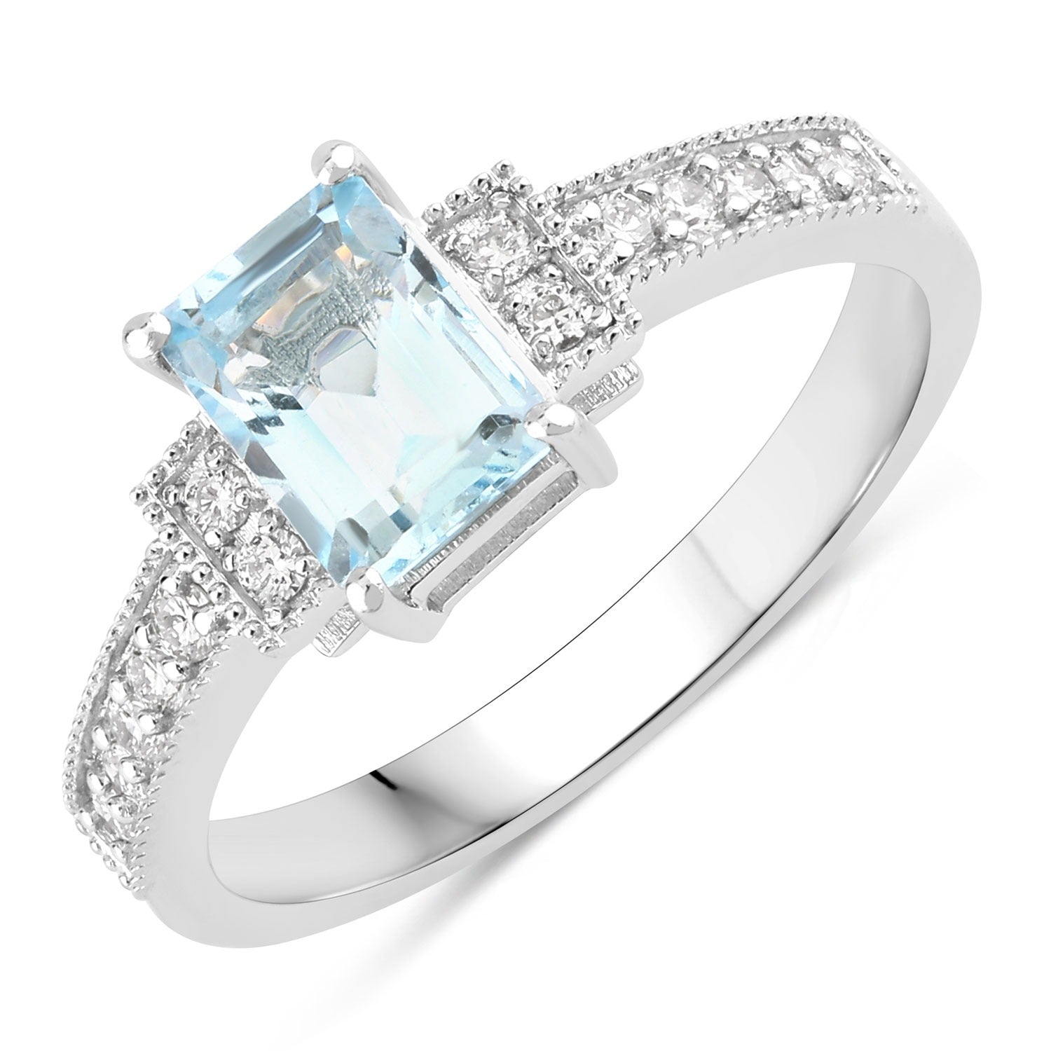 0.98 Ct Genuine Aquamarine and Lab Diamond Silver Pave Bridge Ring Fine Color Jewels