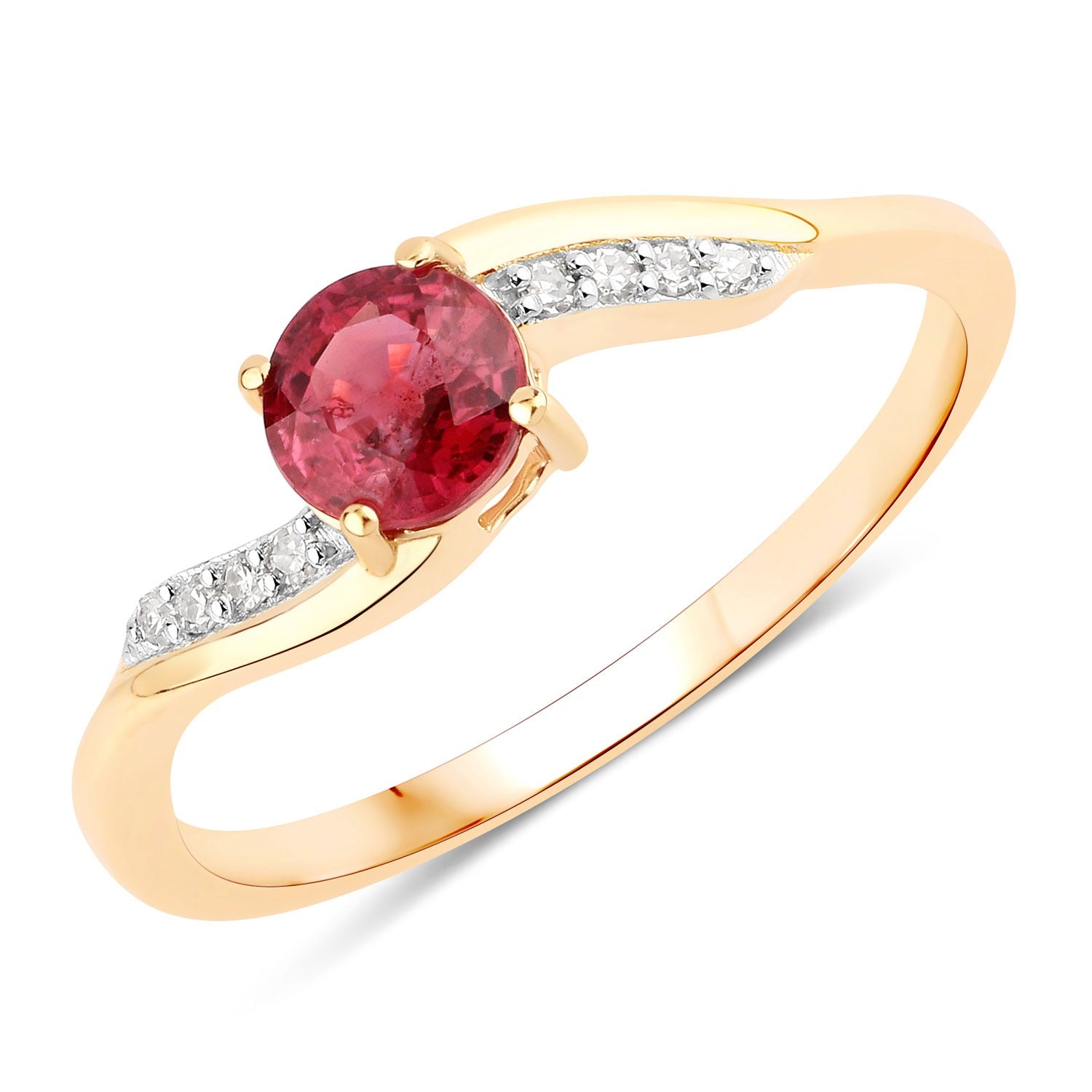 0.60 Ct Round Shape Pink Ruby and White Diamond Prong 14K Yellow Gold Bypass Ring