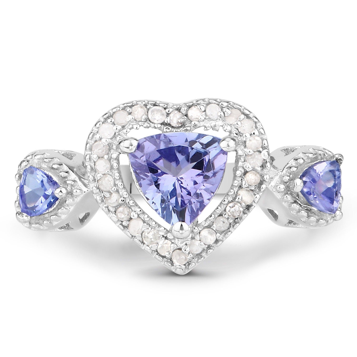 0.95 Ct Heart Violet Tanzanite & Diamond Prong Silver Halo Three Stone Ring