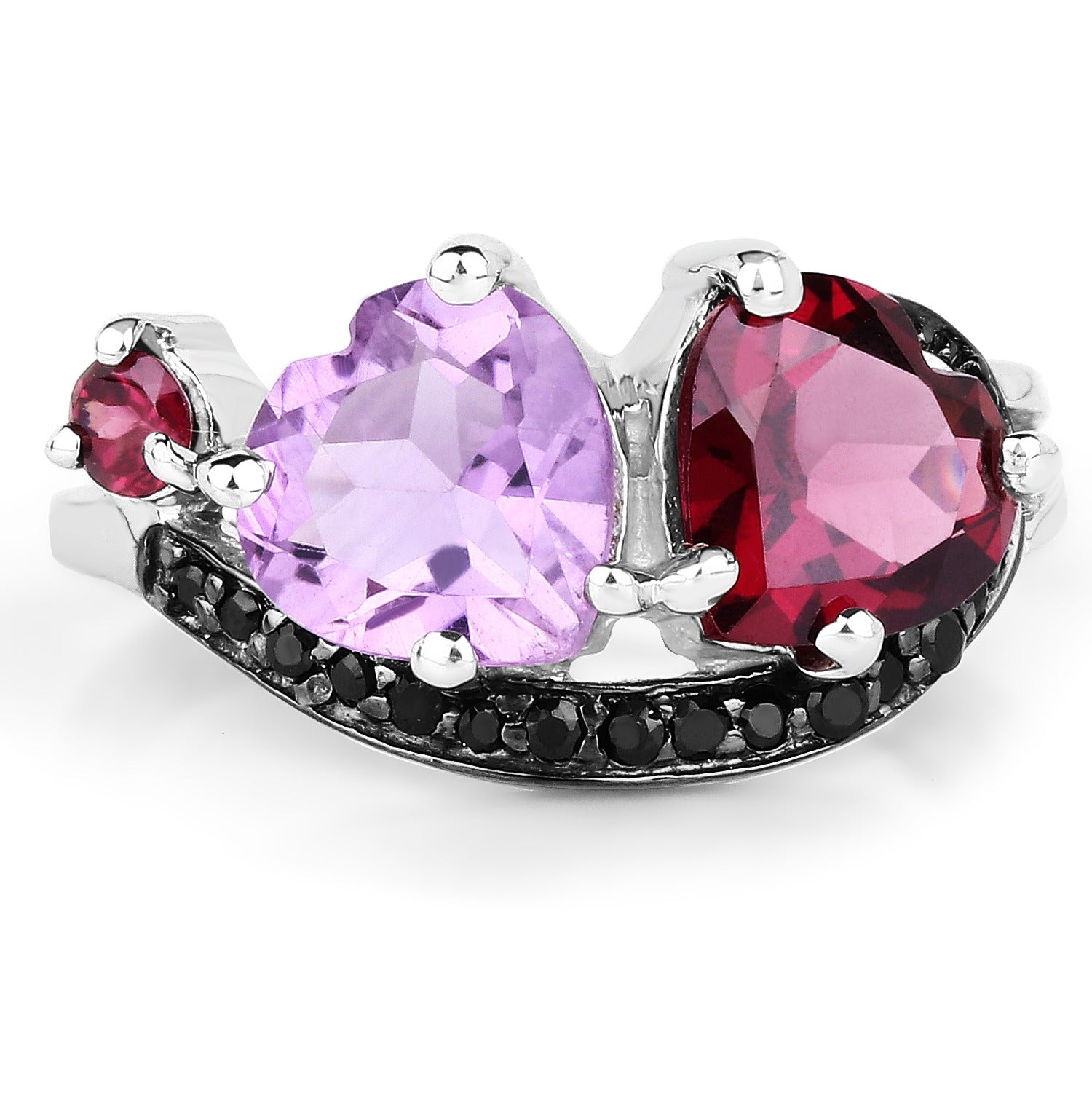 4.07 Ct Heart Purple Amethyst Prong Rhodolite Silver Toi et Moi Ring