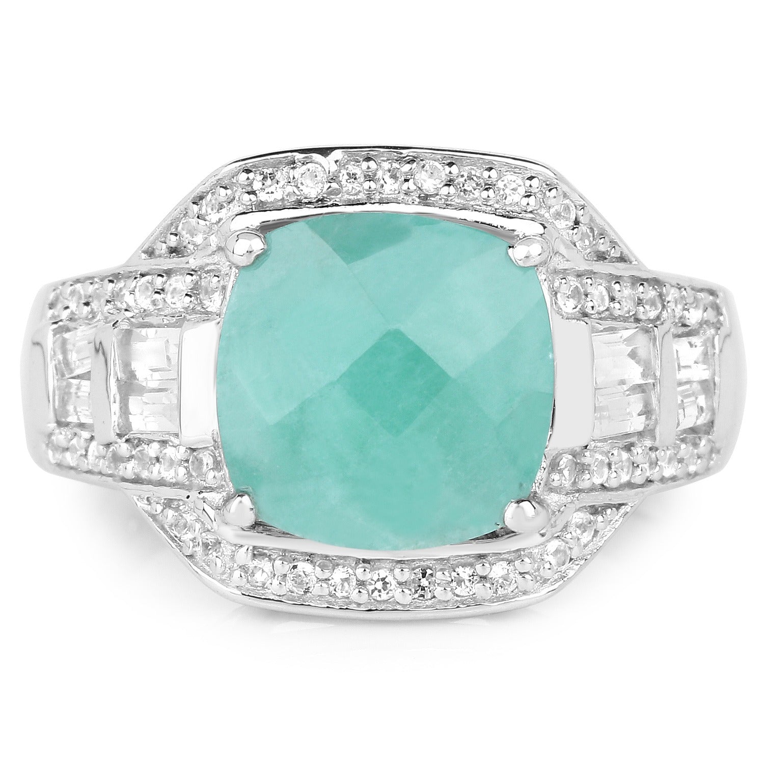 4.09 Ct Cushion Green Emerald Prong Silver Halo Pave Statement Ring