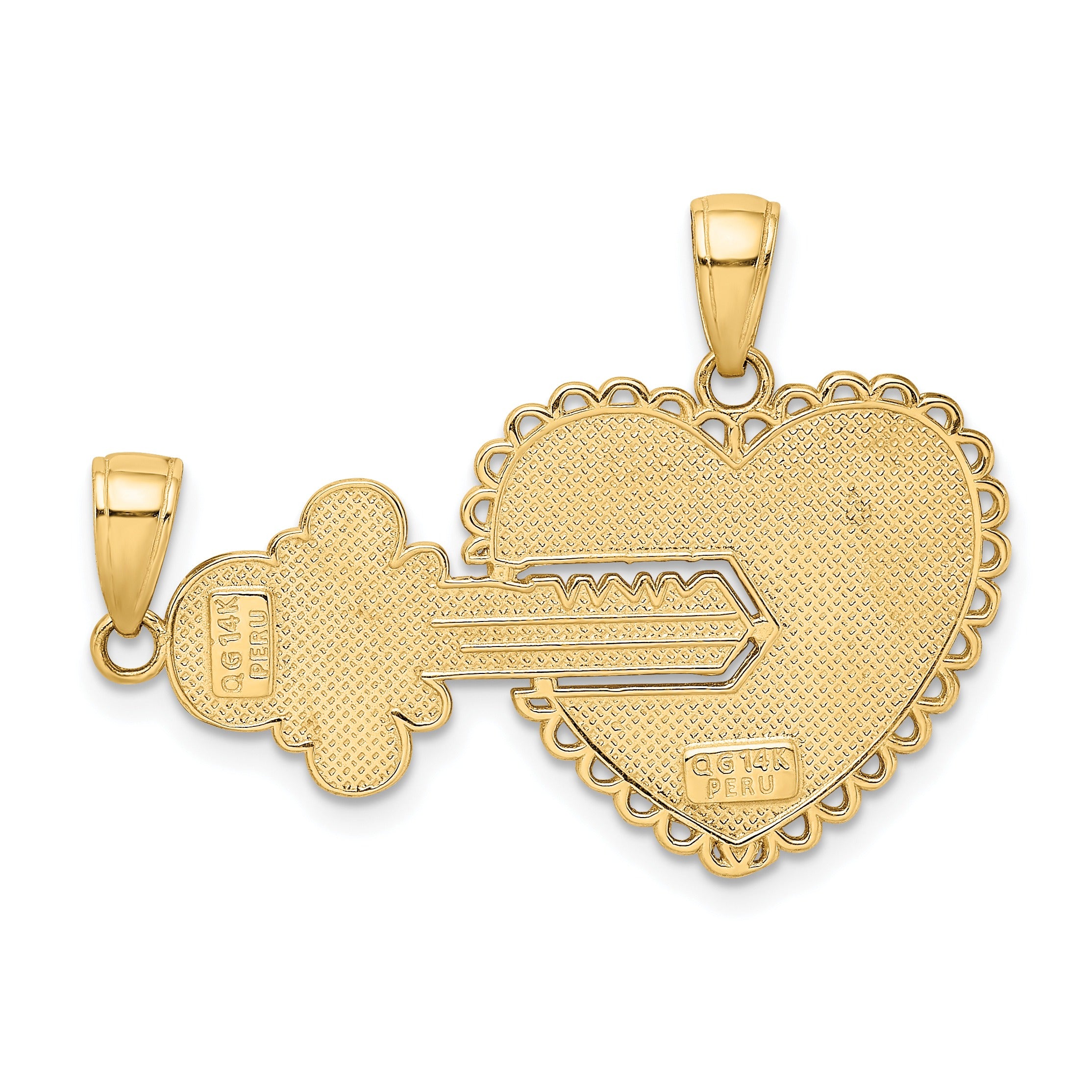 14k gold key and heart pendant set, textured finish, Fine Color Jewels handcrafted jewelry