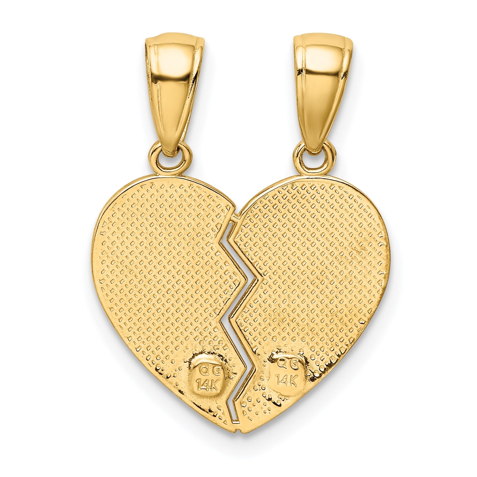 14K gold broken heart pendant set, textured, handcrafted fine jewelry by Fine Color Jewels