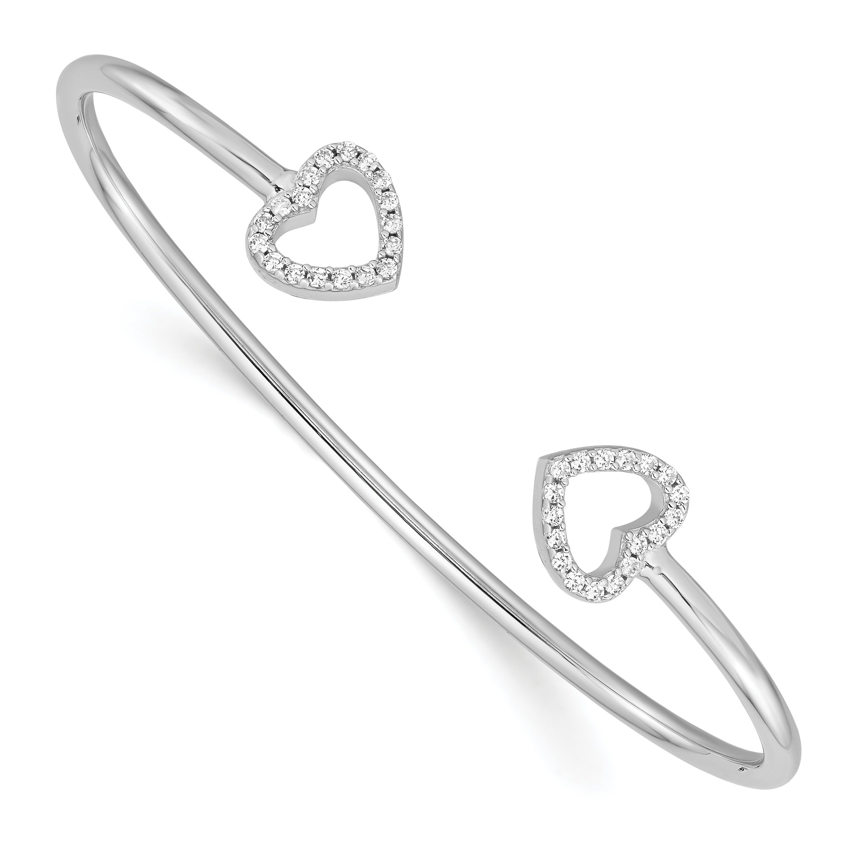Cubic Zirconia Sterling Silver Two Heart Cuff Slip On Bangle Bracelet